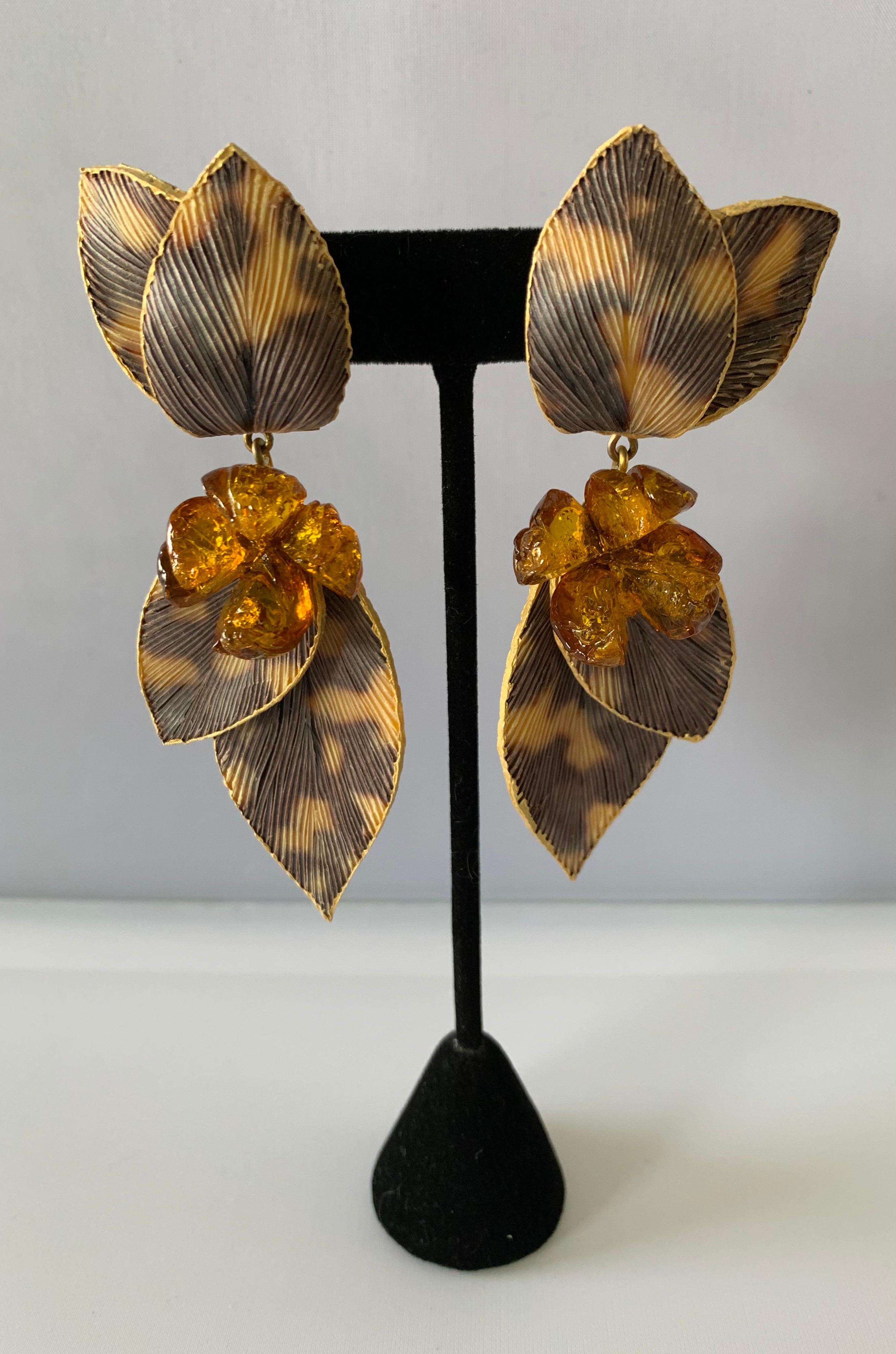 Contemporary French designer taupe-gold and grey chandelier statement clip-on earrings made in Paris by Cilea - the lightweight chic earrings are comprised of enameline (enamel and resin) and feature a bold/unique architectural design with exquisite