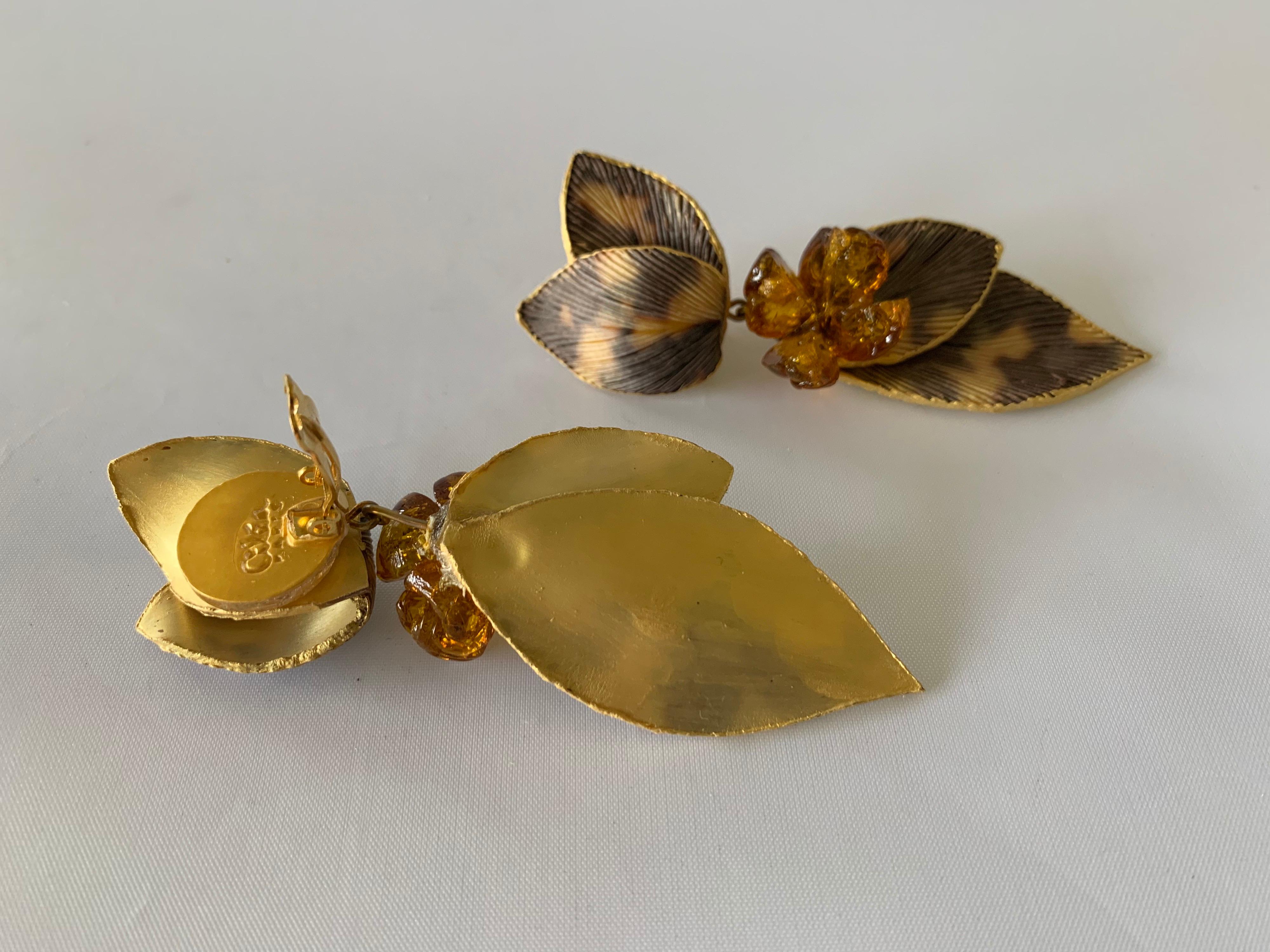 Taupe and Grey Large Artisan Leaf Statement Earrings In New Condition In Palm Springs, CA