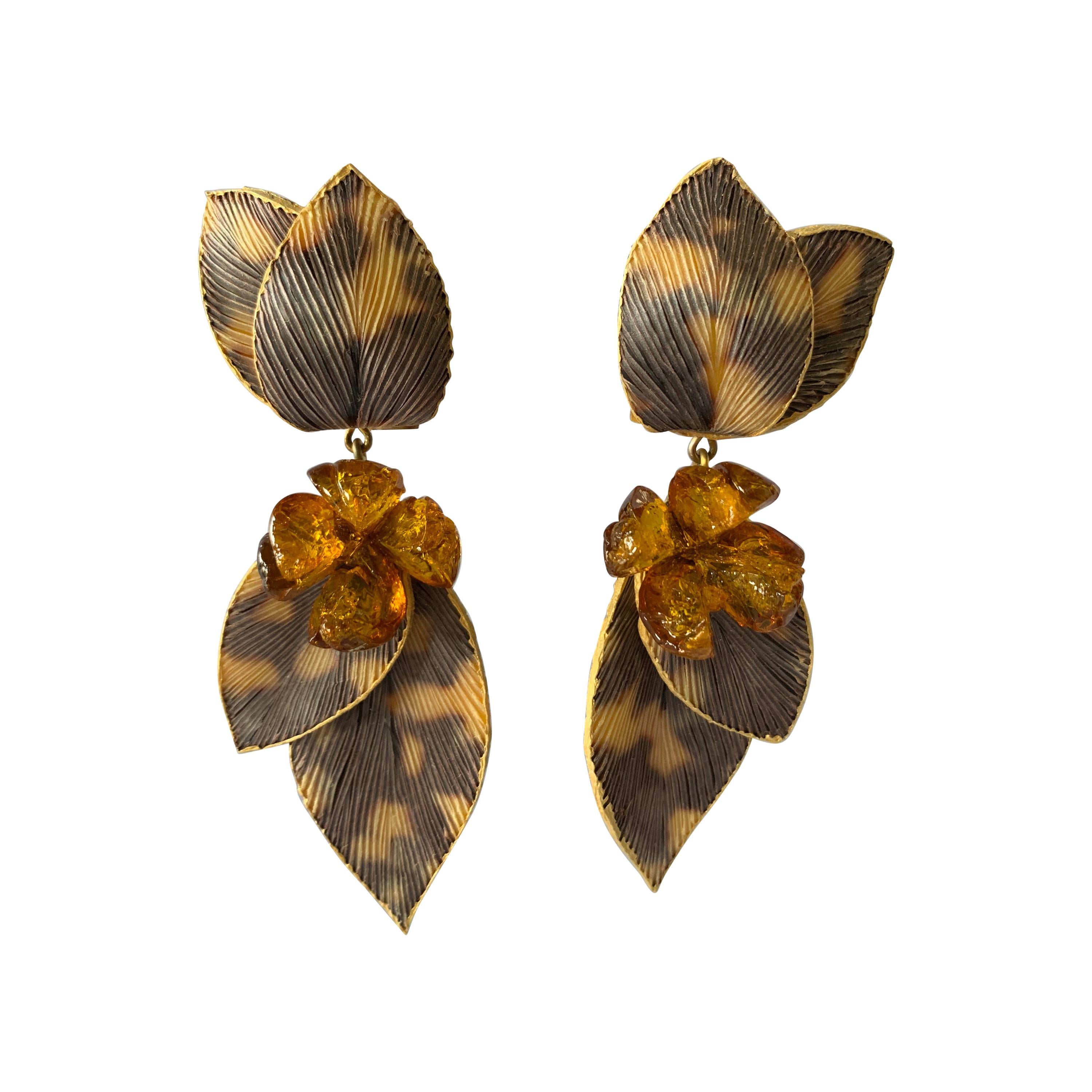 Taupe and Grey Large Artisan Leaf Statement Earrings 