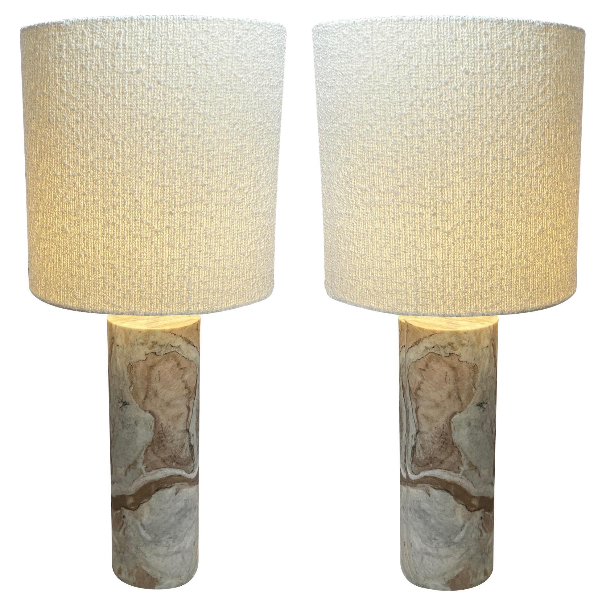 Taupe And White Cylinder Shaped Pair Marble Lamps, Netherlands, Contemporary For Sale