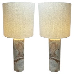 Taupe And White Cylinder Shaped Pair Marble Lamps, Netherlands, Contemporary