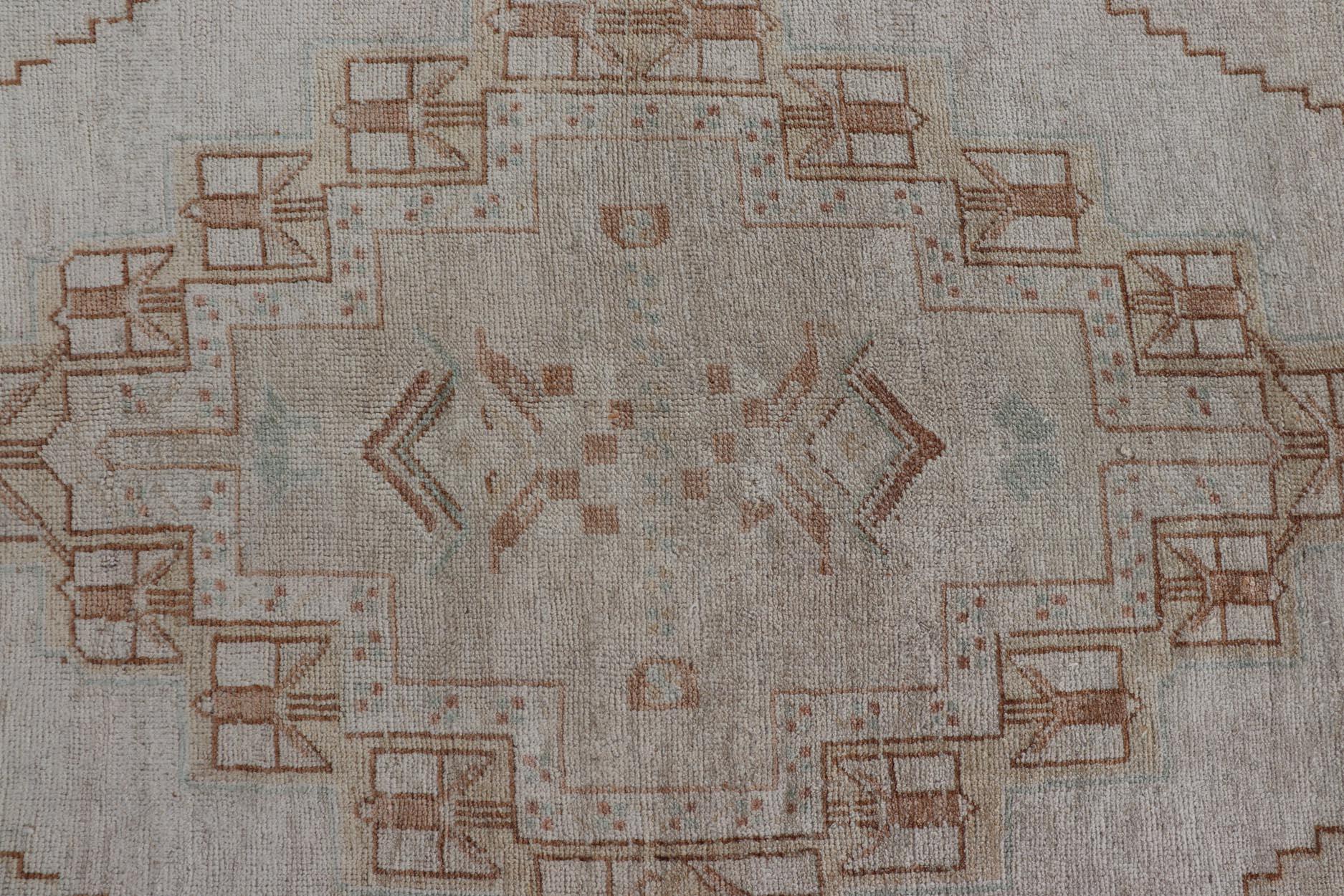 Taupe Background Turkish Vintage Oushak Rug with Tribal Medallion Design For Sale 7