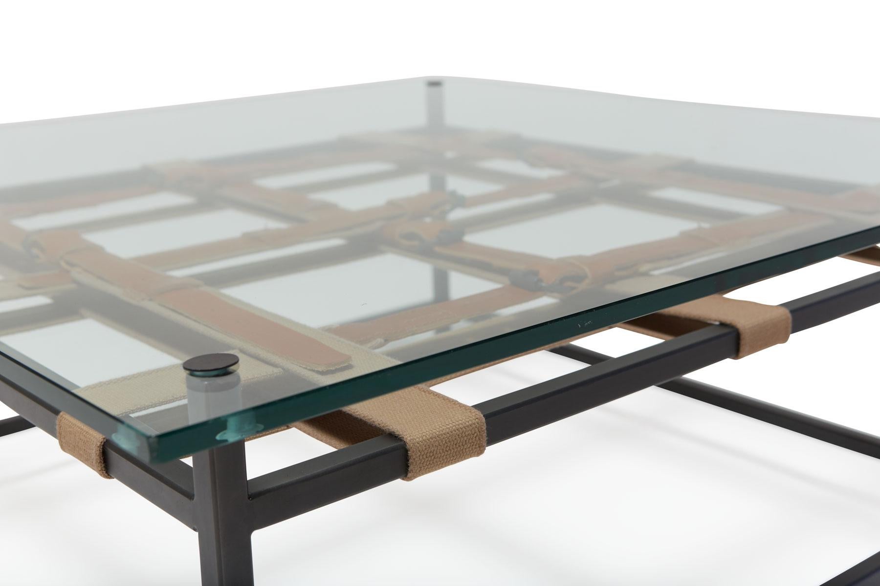 Contemporary Belted Glass-Top Coffee Table For Sale