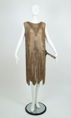 Taupe Crêpe Scallop Hem Flapper Dress with Silver-Plate Glass Beads – M, 1920s