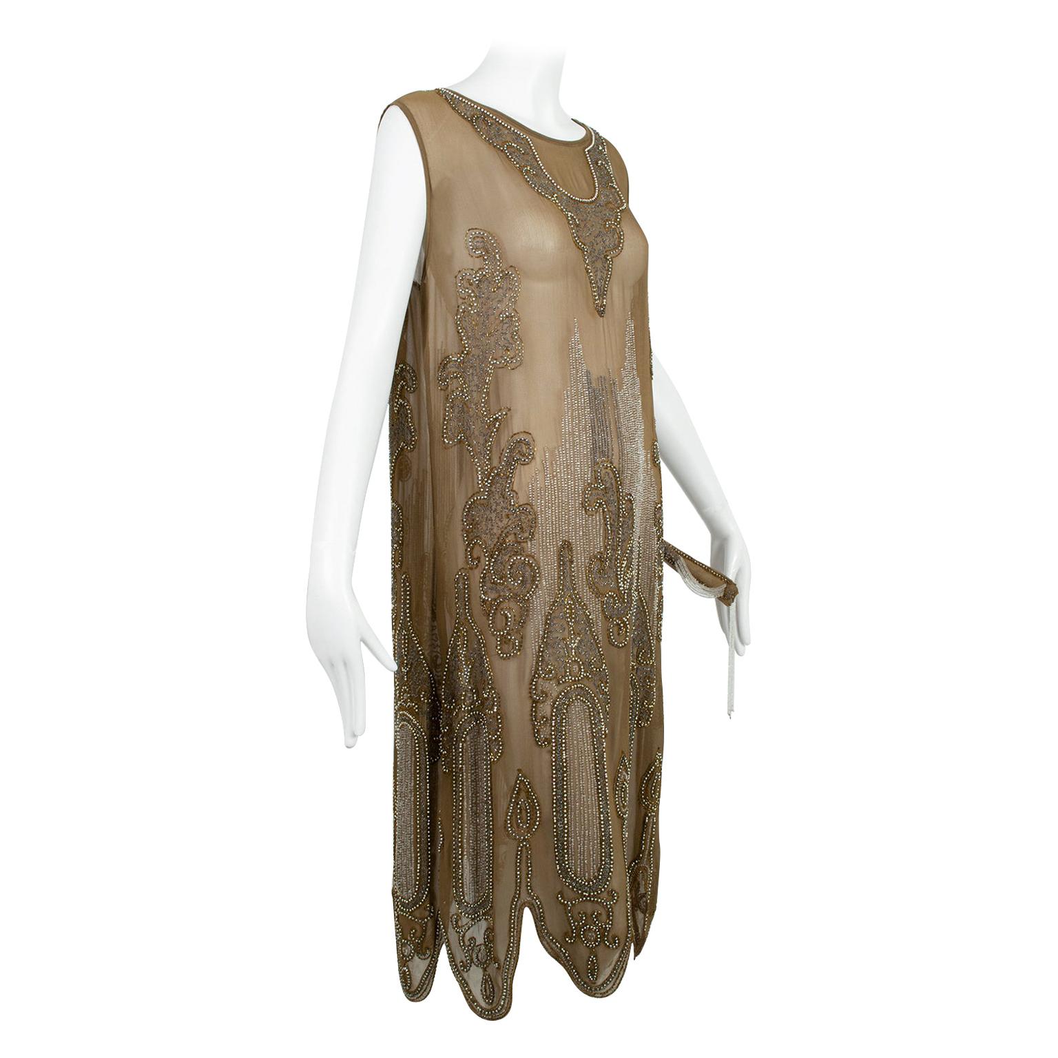 Taupe Crêpe Scallop Hem Flapper Dress with Silver-Plate Glass Beads – M, 1920s For Sale
