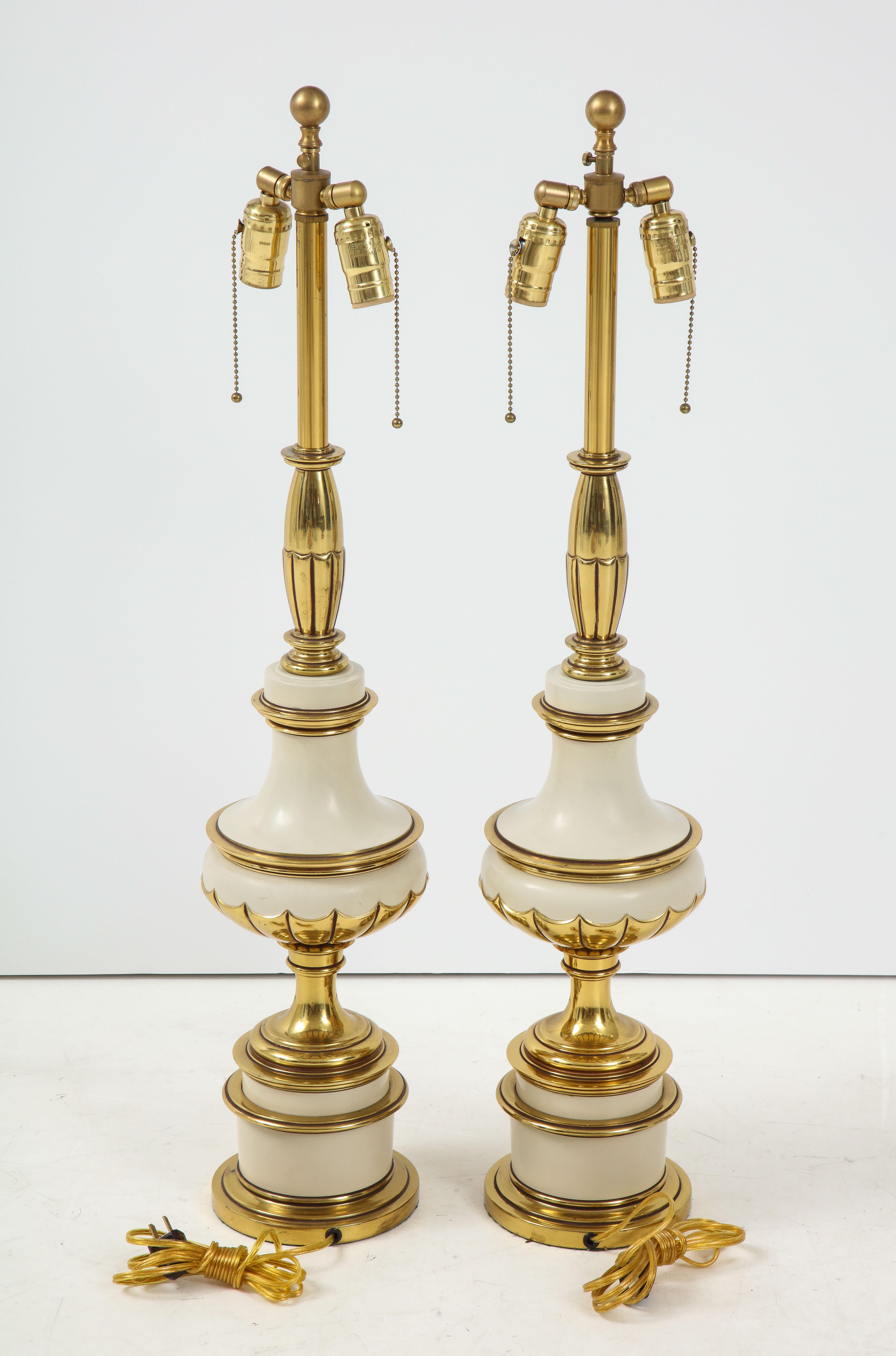 American Taupe Enamel, Brass Hollywood Regency Lamps