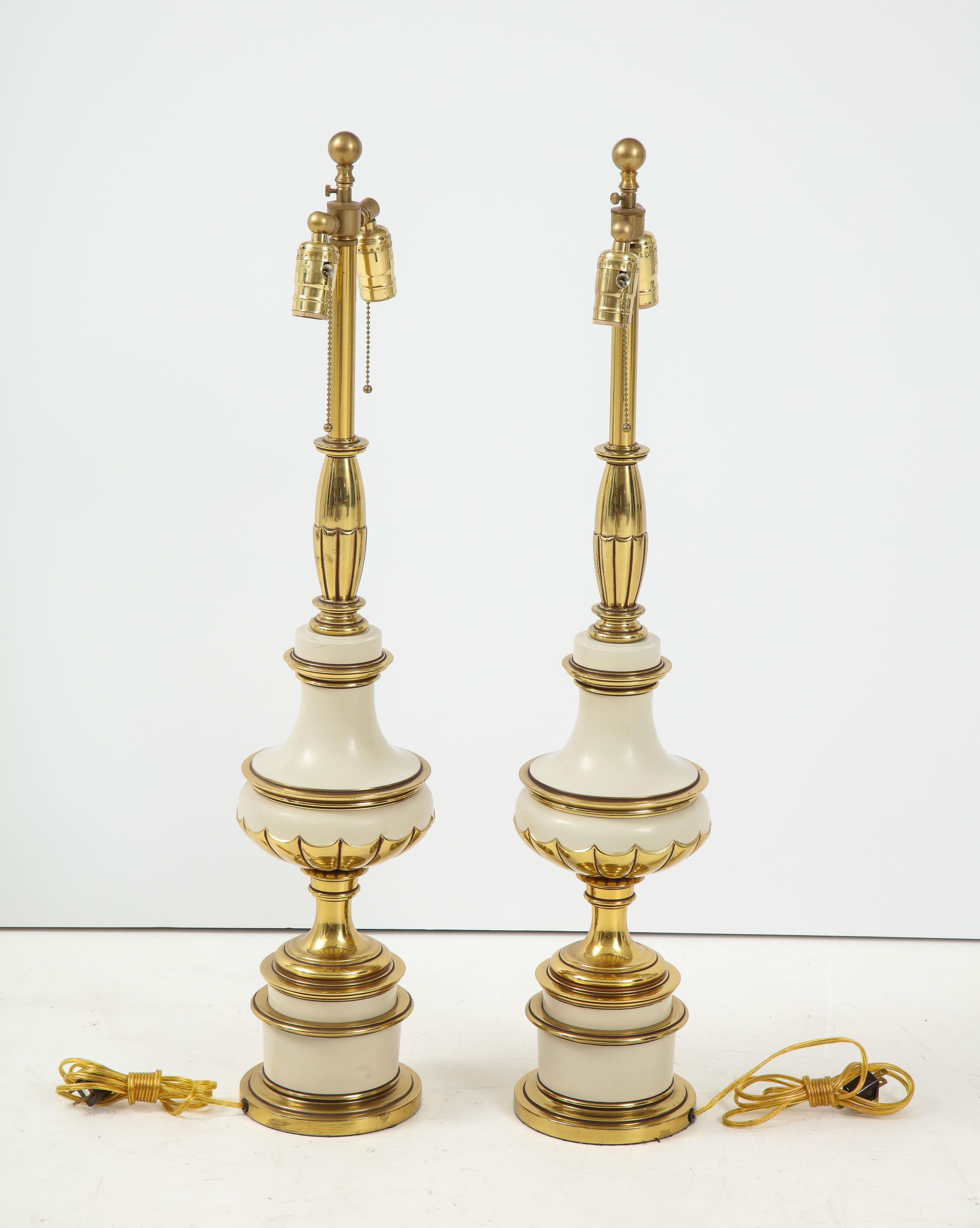 Taupe Enamel, Brass Hollywood Regency Lamps In Good Condition In New York, NY