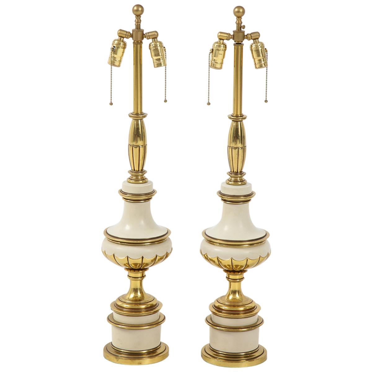 Taupe Enamel, Brass Hollywood Regency Lamps