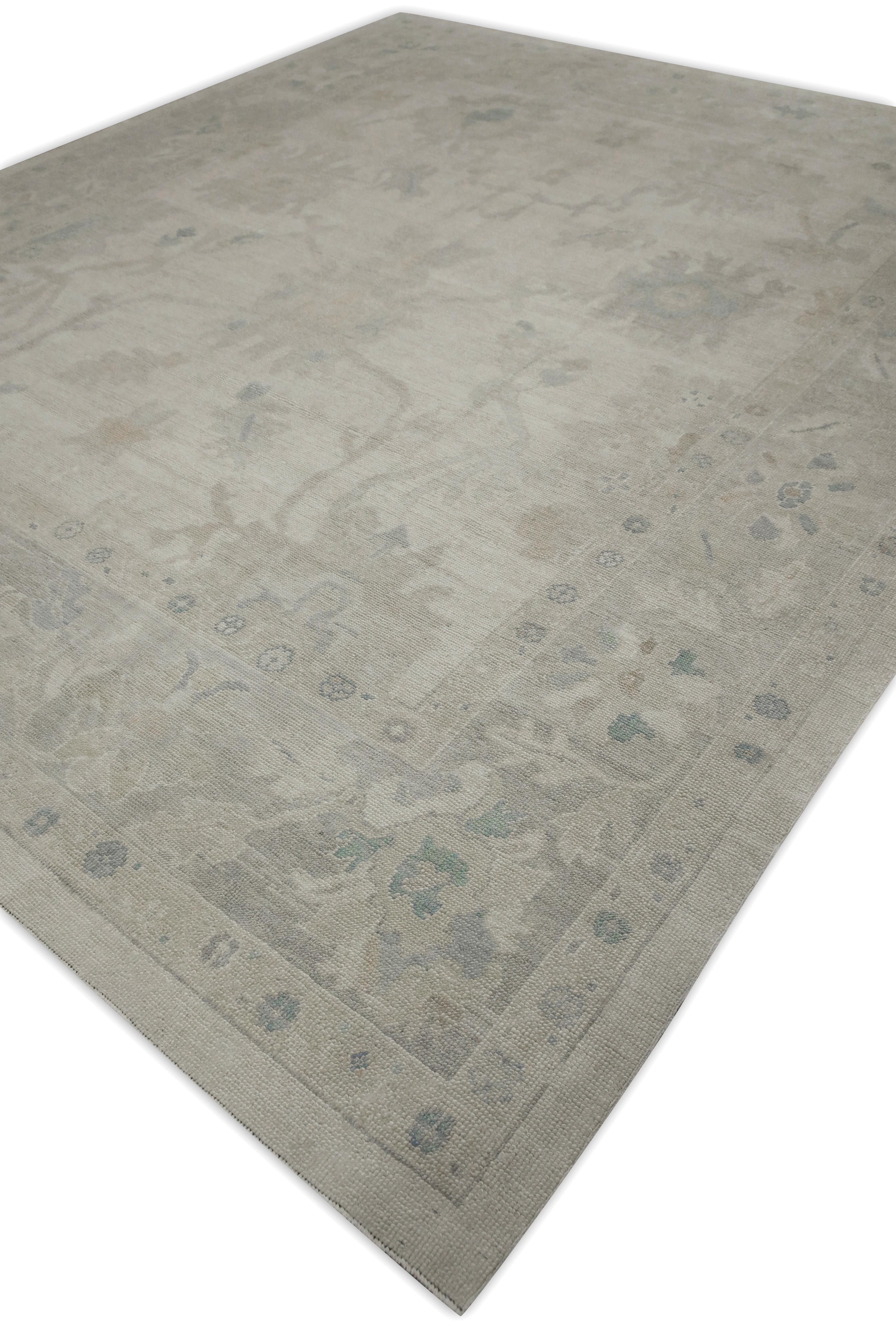 Contemporary Taupe Floral Design Handwoven Wool Turkish Oushak Rug 10'8