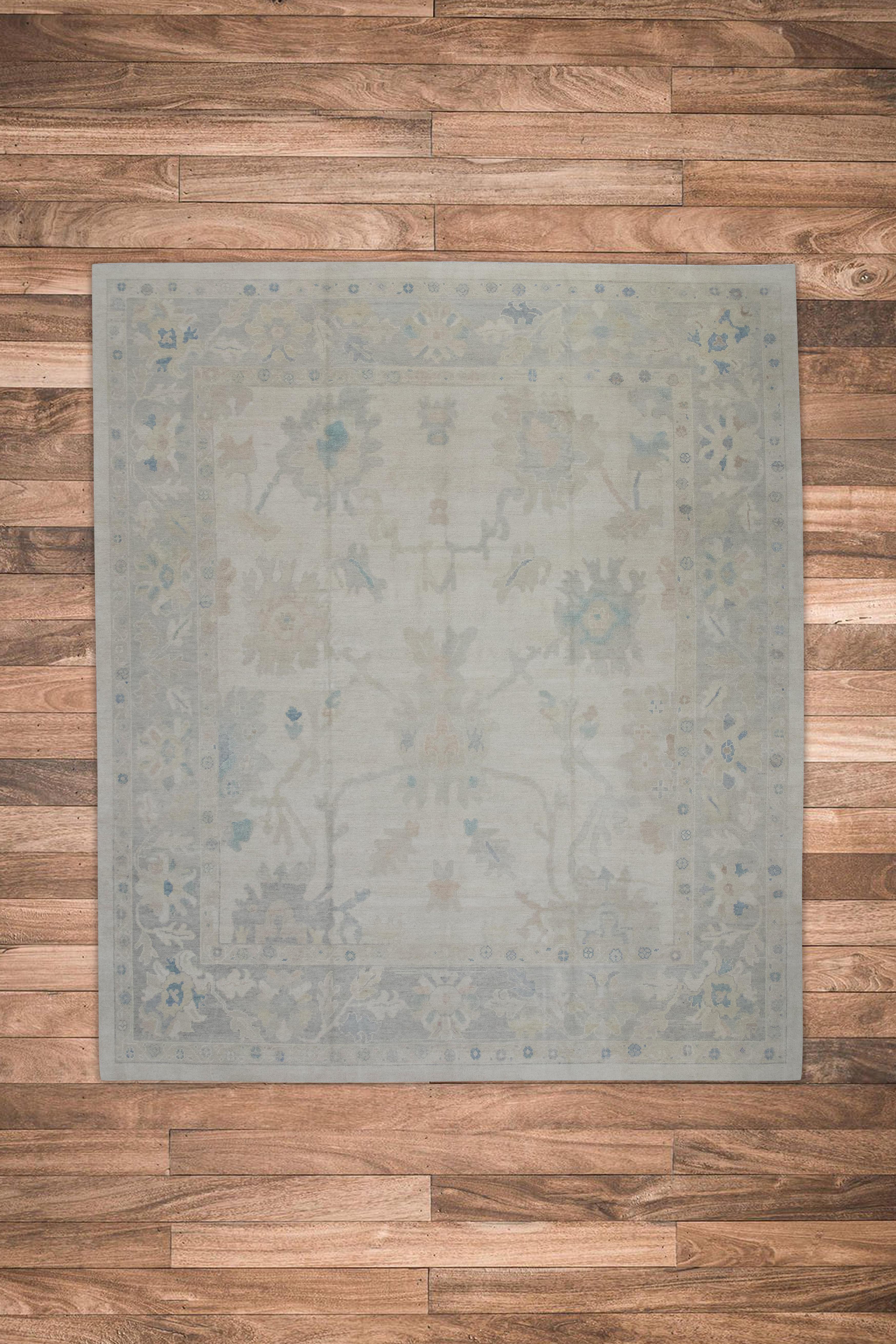 Taupe Floral Design Handwoven Wool Turkish Oushak Rug 10'8