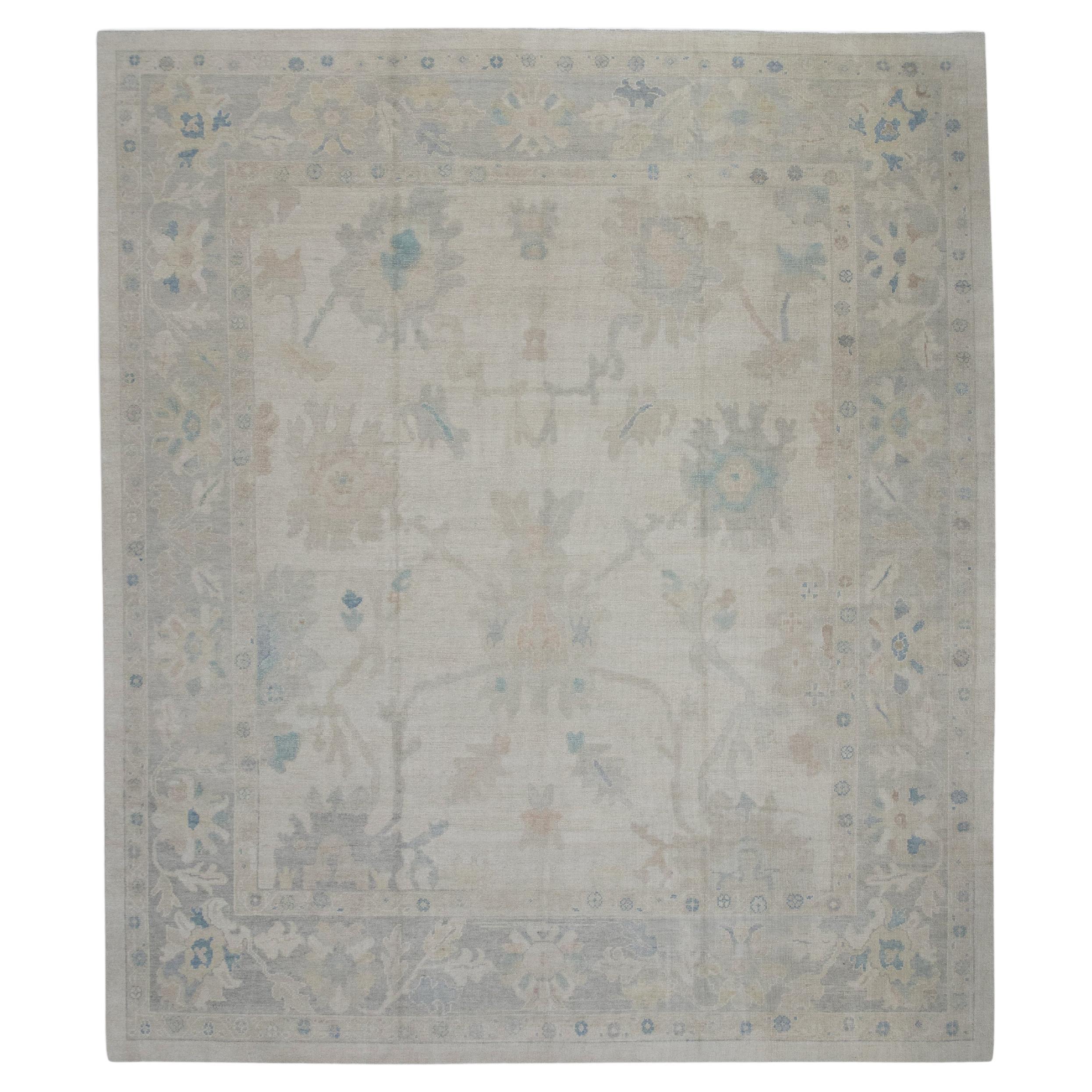 Taupe Floral Design Handwoven Wool Turkish Oushak Rug 10'8" X 12'8" For Sale