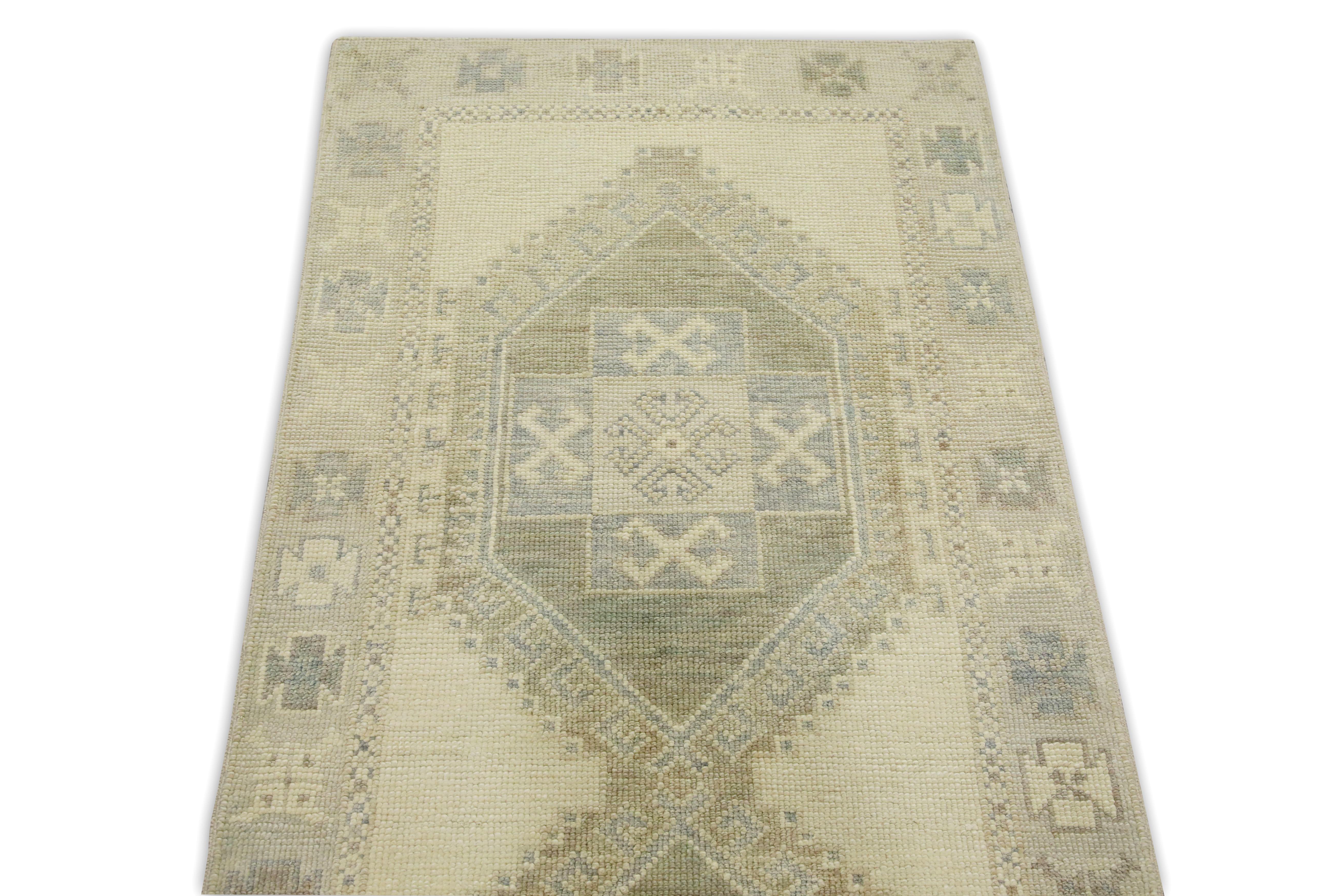 Taupe Geometric Design Handwoven Wool Turkish Oushak Runner In New Condition In Houston, TX