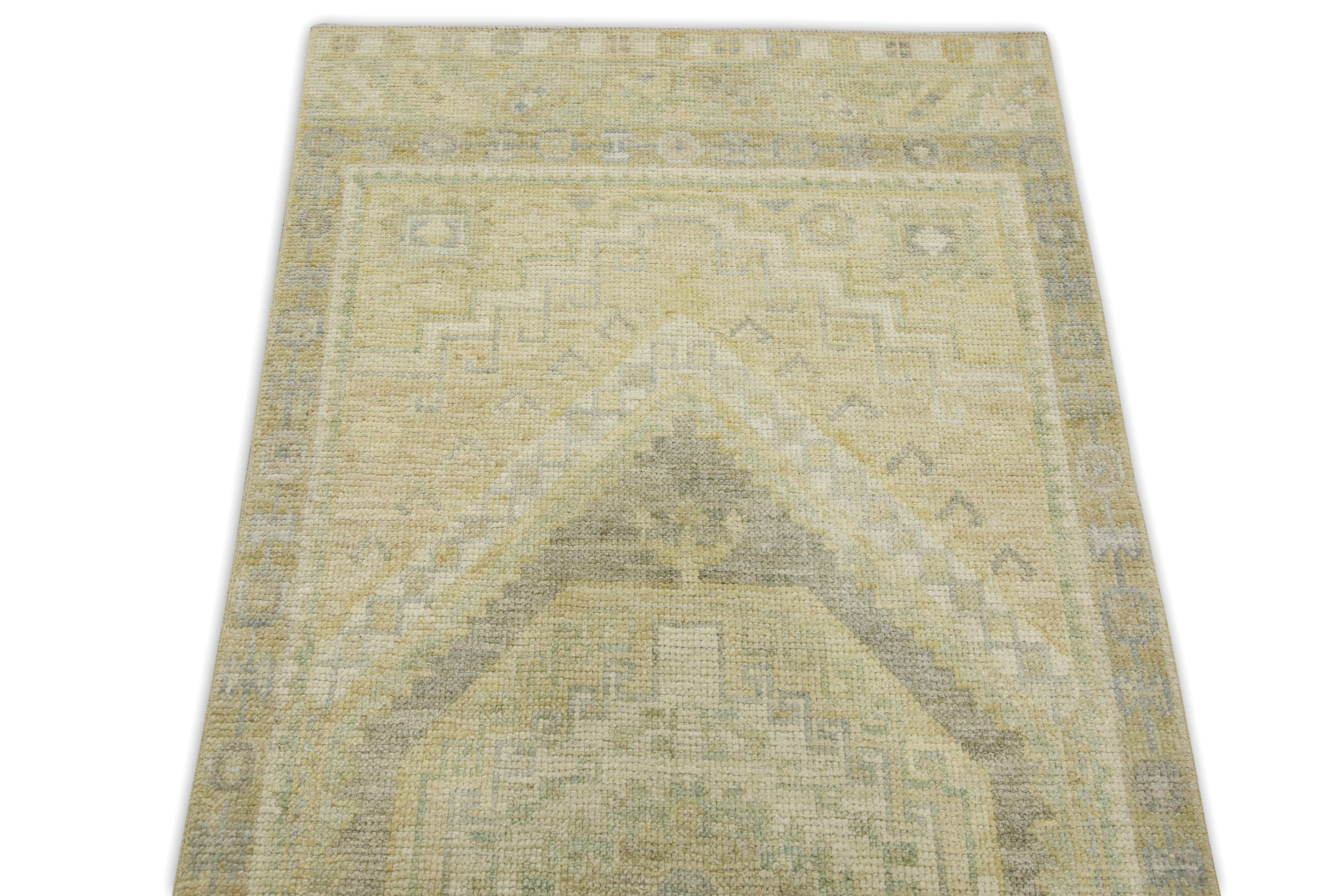 Taupe Geometric Design Handwoven Wool Turkish Oushak Runner In New Condition For Sale In Houston, TX