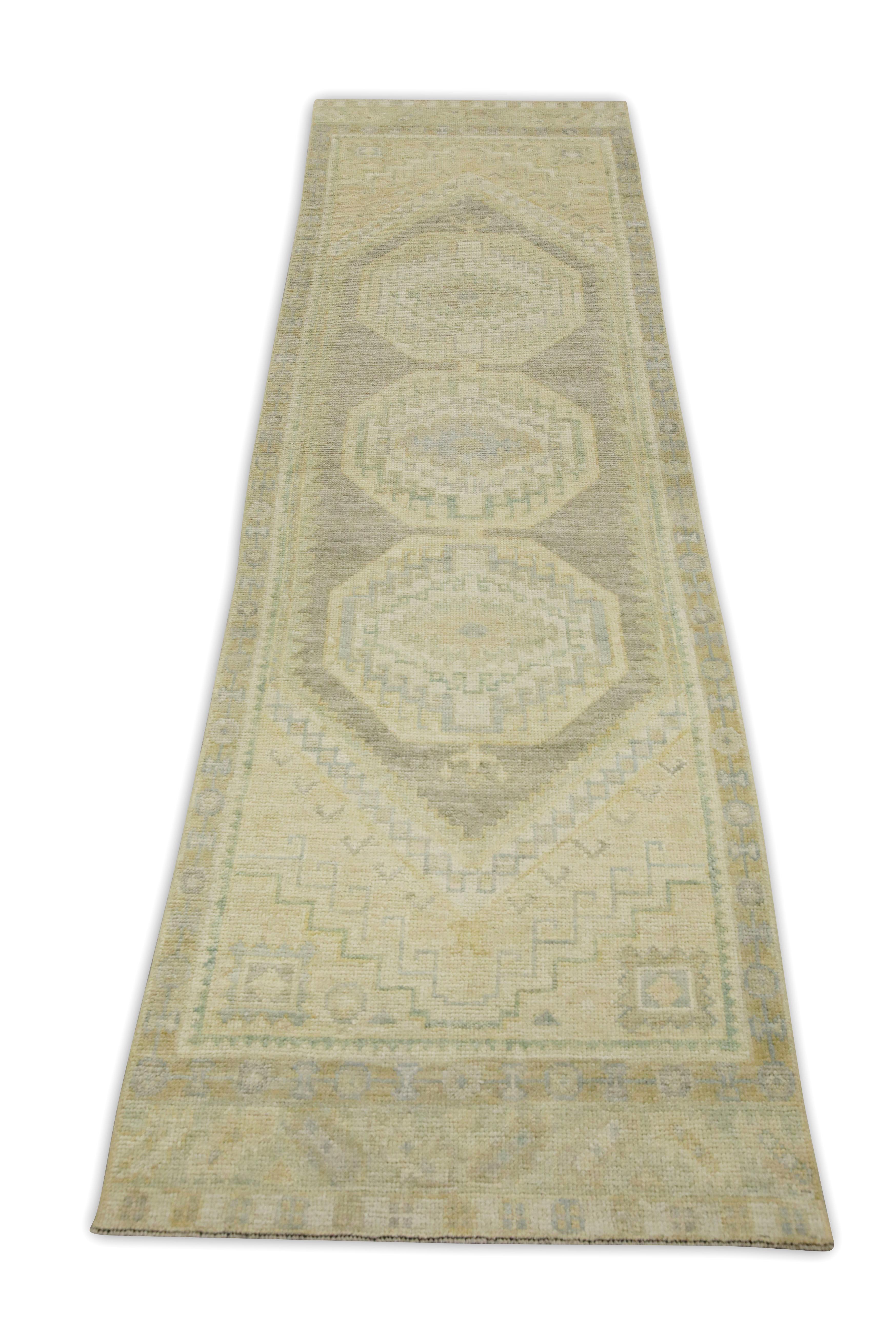 Contemporary Taupe Geometric Design Handwoven Wool Turkish Oushak Runner For Sale