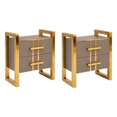 Taupe Glass Two-Drawer Nightstands with Architectural Brass Frames, Pair