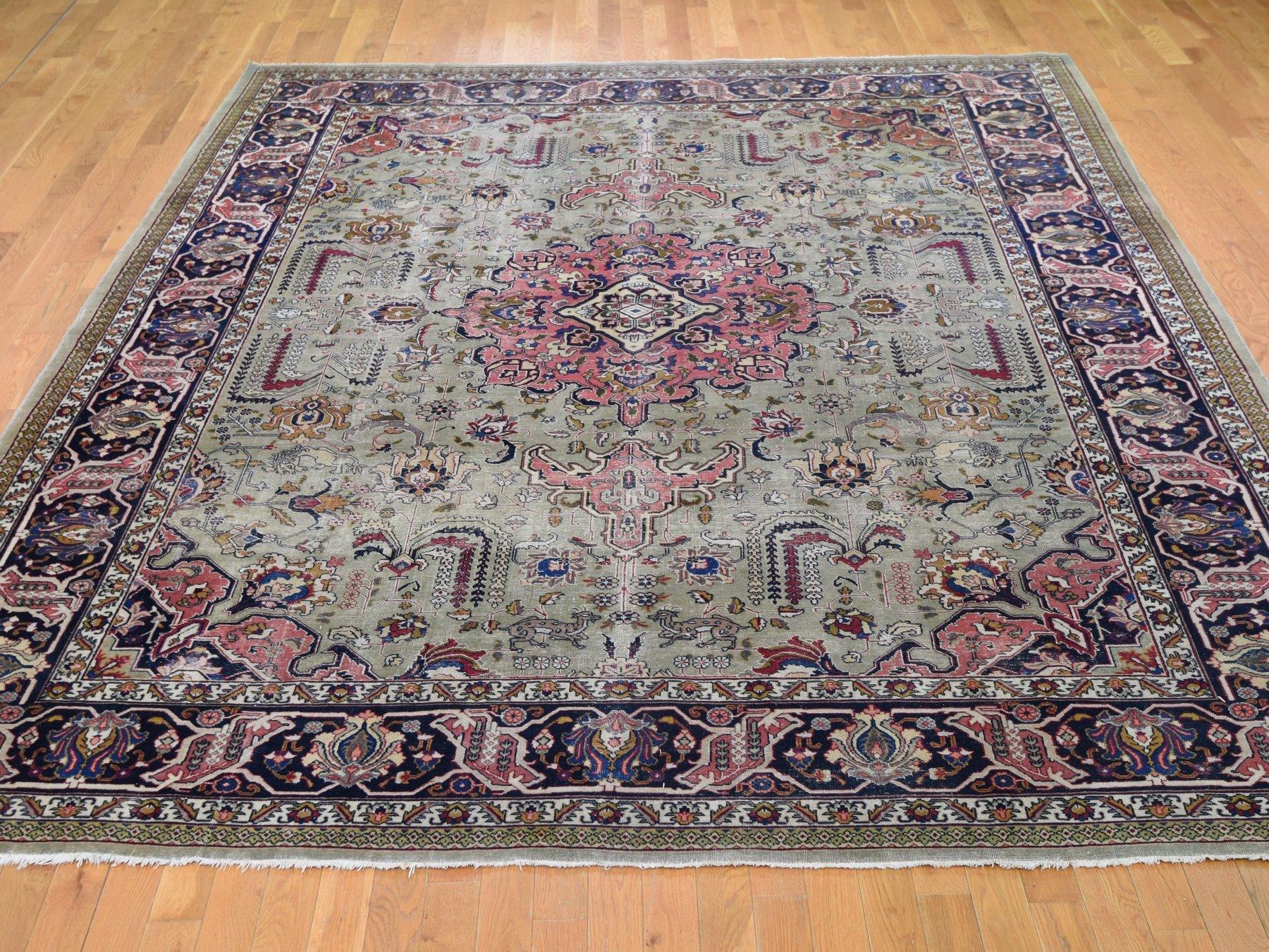 Medieval Taupe Green Worn Old Persian Tabriz Vintage Distressed and Clean Bohemian Rug