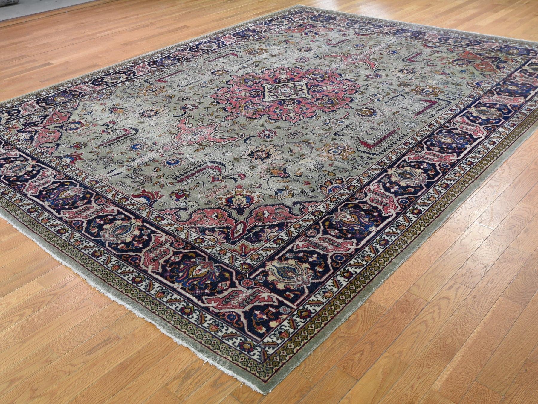 Hand-Knotted Taupe Green Worn Old Persian Tabriz Vintage Distressed and Clean Bohemian Rug