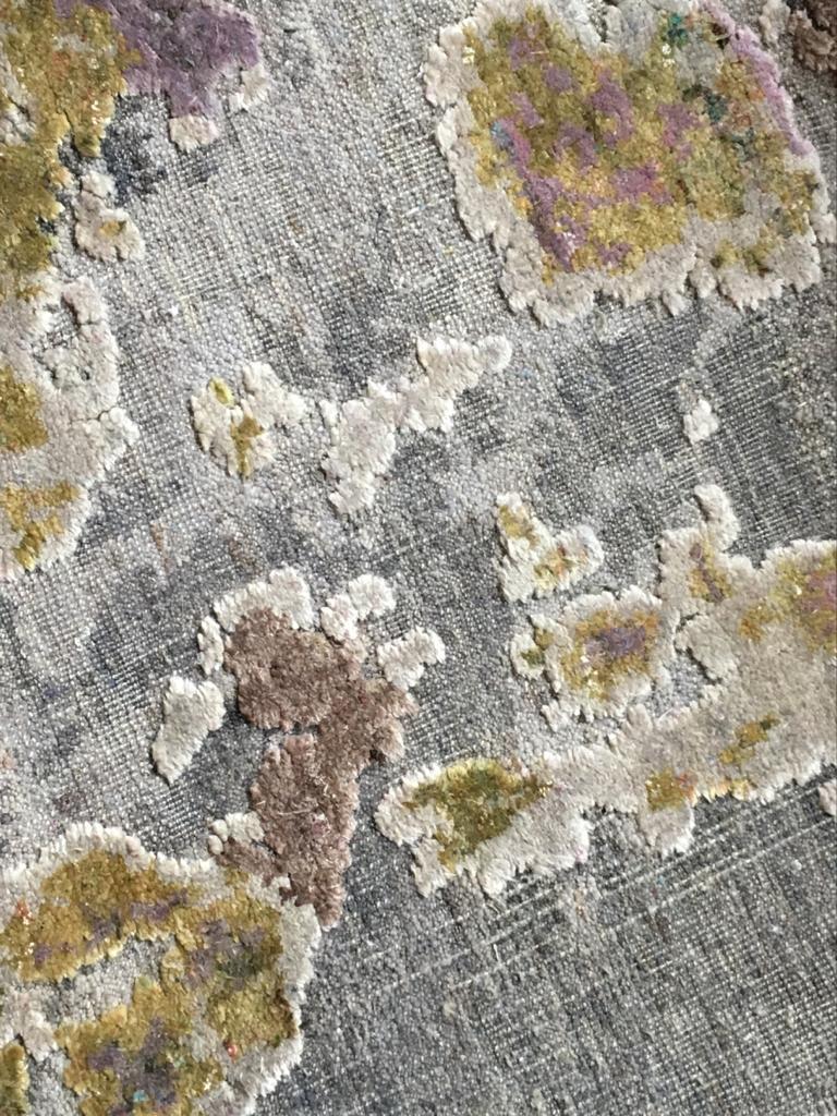 Taupe Grey Pink Yellow Lilac Hand-knotted Wool and Natural Silk Textural Rug For Sale 6