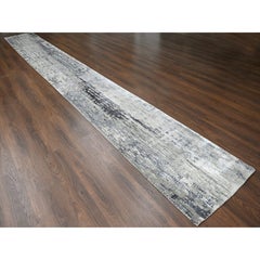 Taupe Hand Knotted Abstract with Mosaic Design Wool-Silk XL Runner Oriental Rug