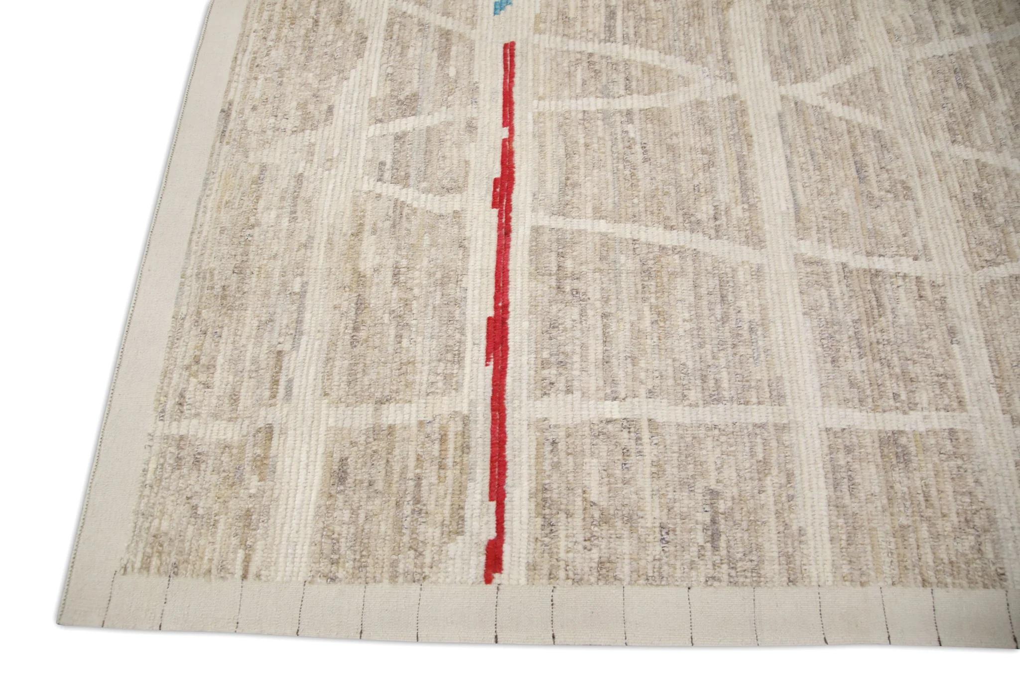 Taupefarbener handgefertigter Tulu-Teppich aus Wolle mit buntem geometrischem Muster 8'8