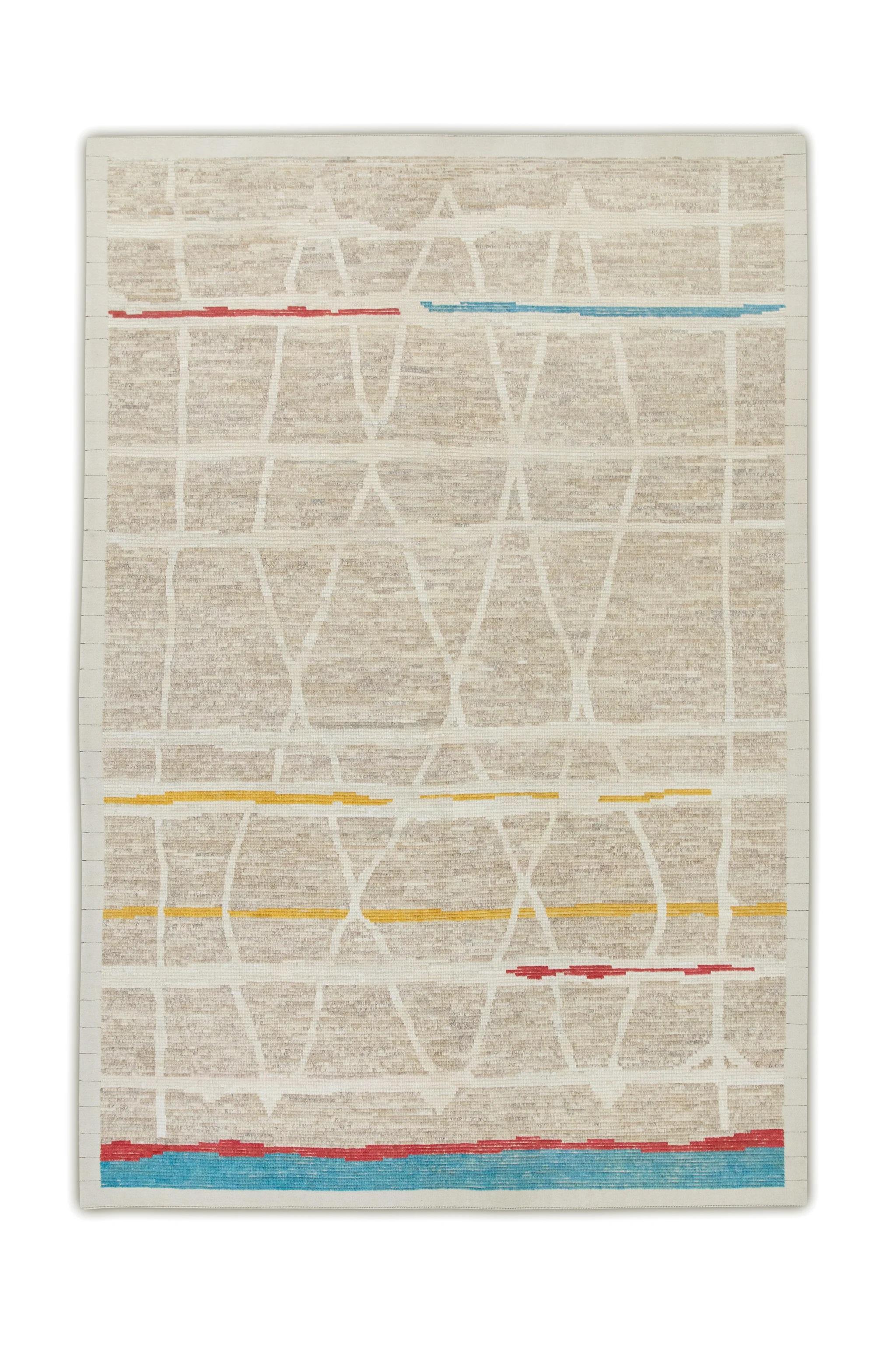 Taupefarbener handgefertigter Tulu-Teppich aus Wolle mit buntem geometrischem Muster 8'8