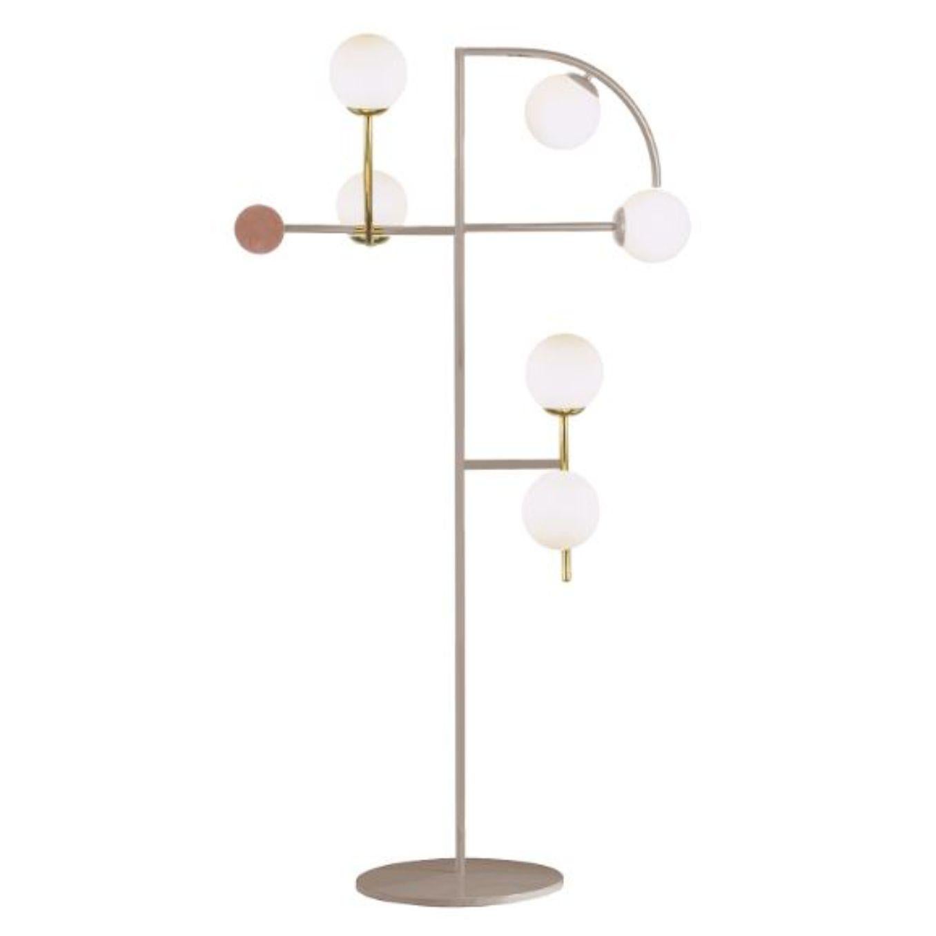 Taupe Helio floor lamp by Dooq
Dimensions: W 95 x D 30 x H 169 cm
Materials: lacquered metal, brass/nickel.
Also available in different colors and materials. 

Information:
230V/50Hz
6 x max. G9
4W LED

120V/60Hz
6 x max. G9
4W