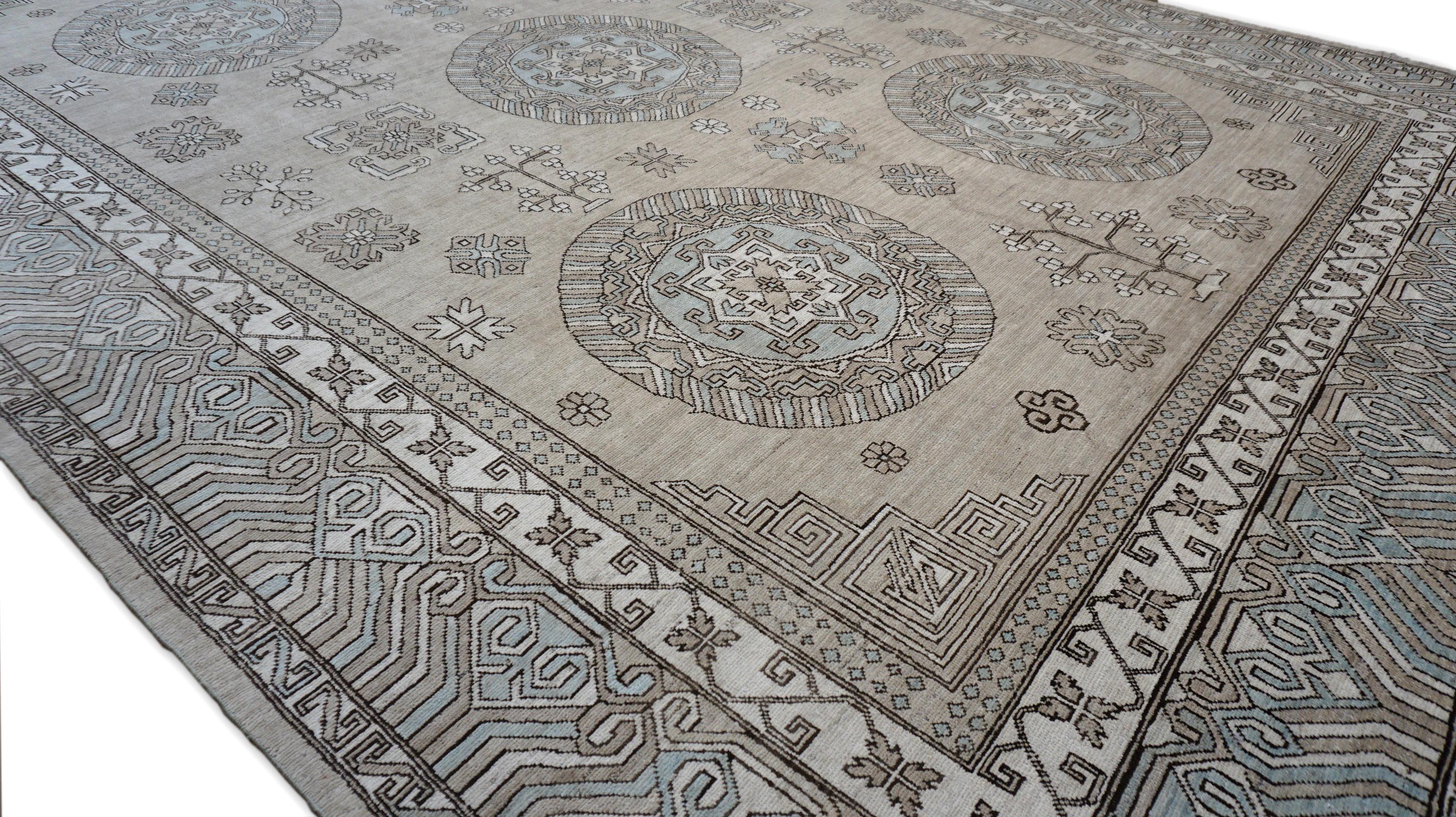 Victorian Taupe Khotan Designed Wool  Rug 10'4''x14'4'' For Sale