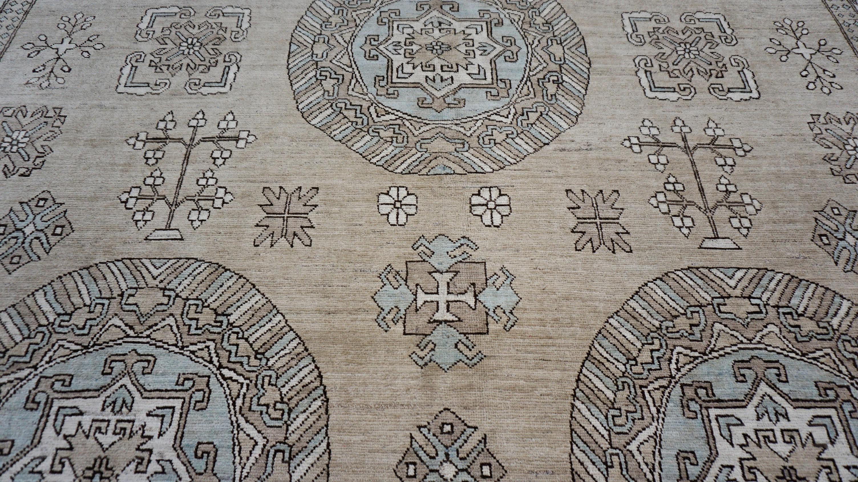 Hand-Knotted Taupe Khotan Designed Wool  Rug 10'4''x14'4'' For Sale
