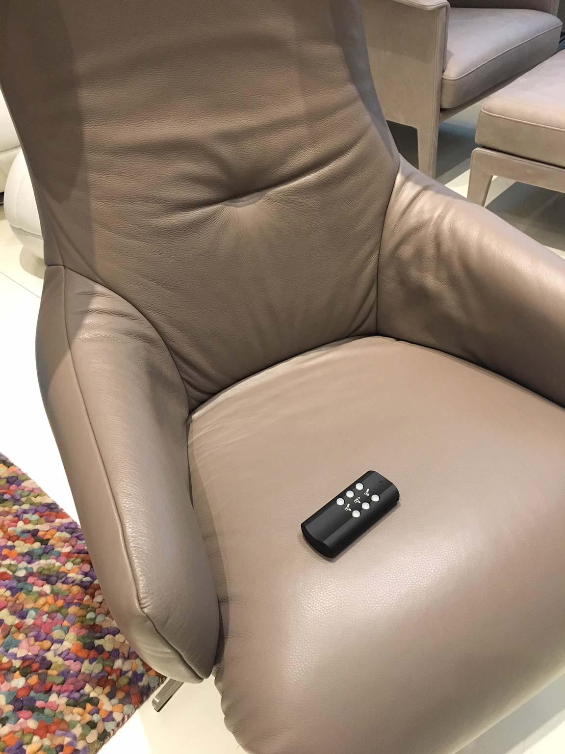 Brushed Taupe Leather Battery Powered Recliner with Matt Steel Swivel Base by Leolux