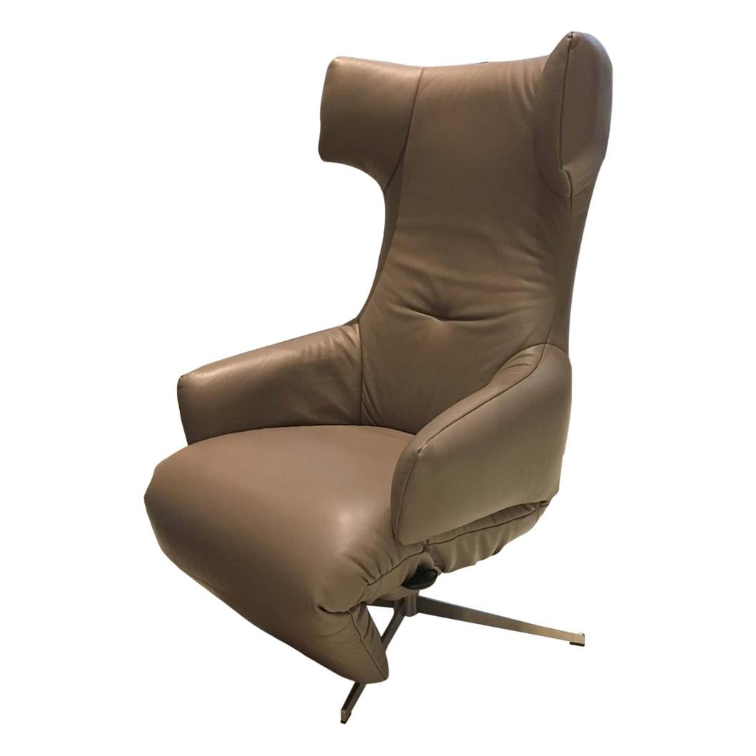 Taupe Leather Battery Powered Recliner with Matt Steel Swivel Base by Leolux