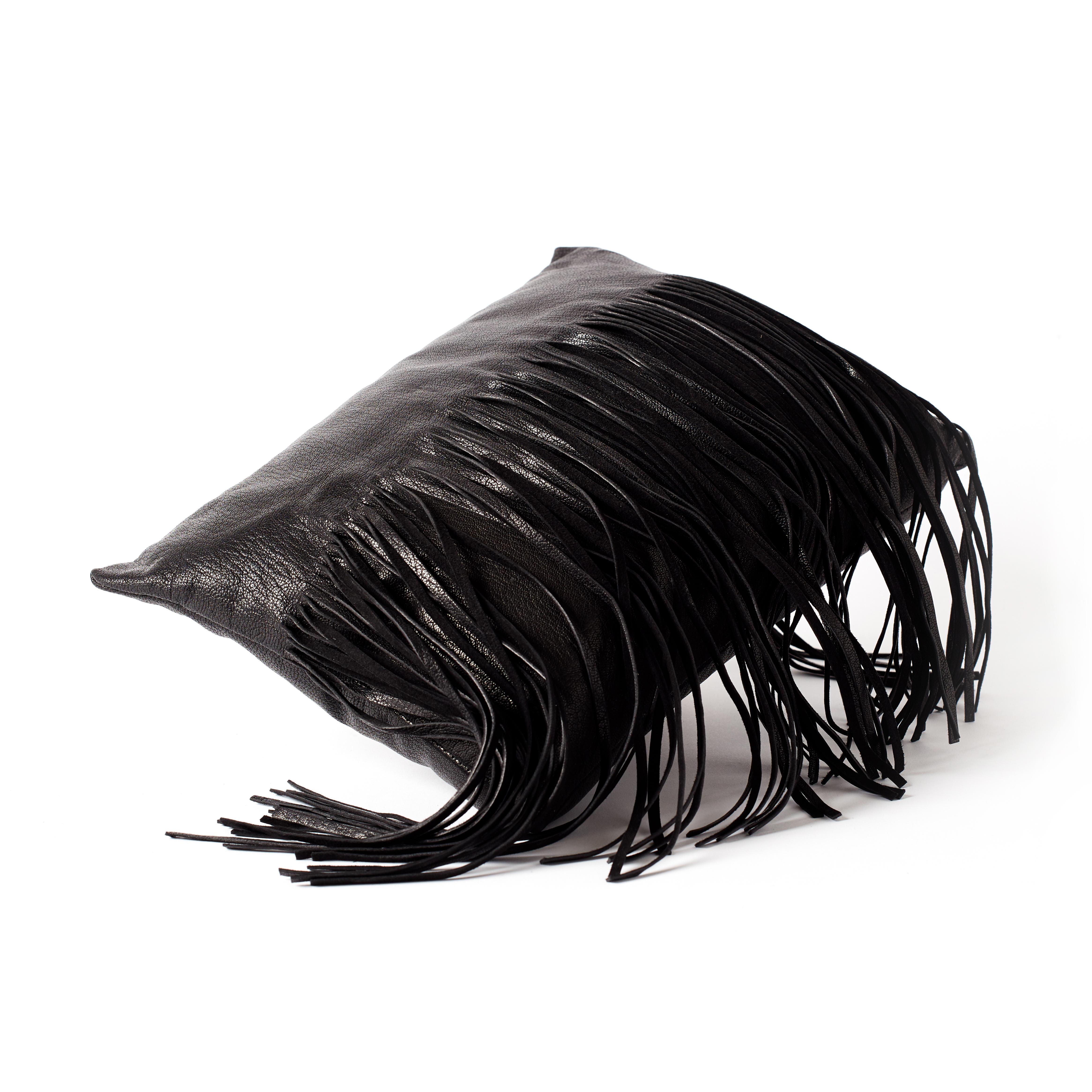 Organic Modern Small Fringe Pillow in Latte Leather by Moses Nadel For Sale