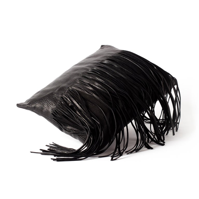 American Small Fringe Pillow in Latte Leather by Moses Nadel For Sale