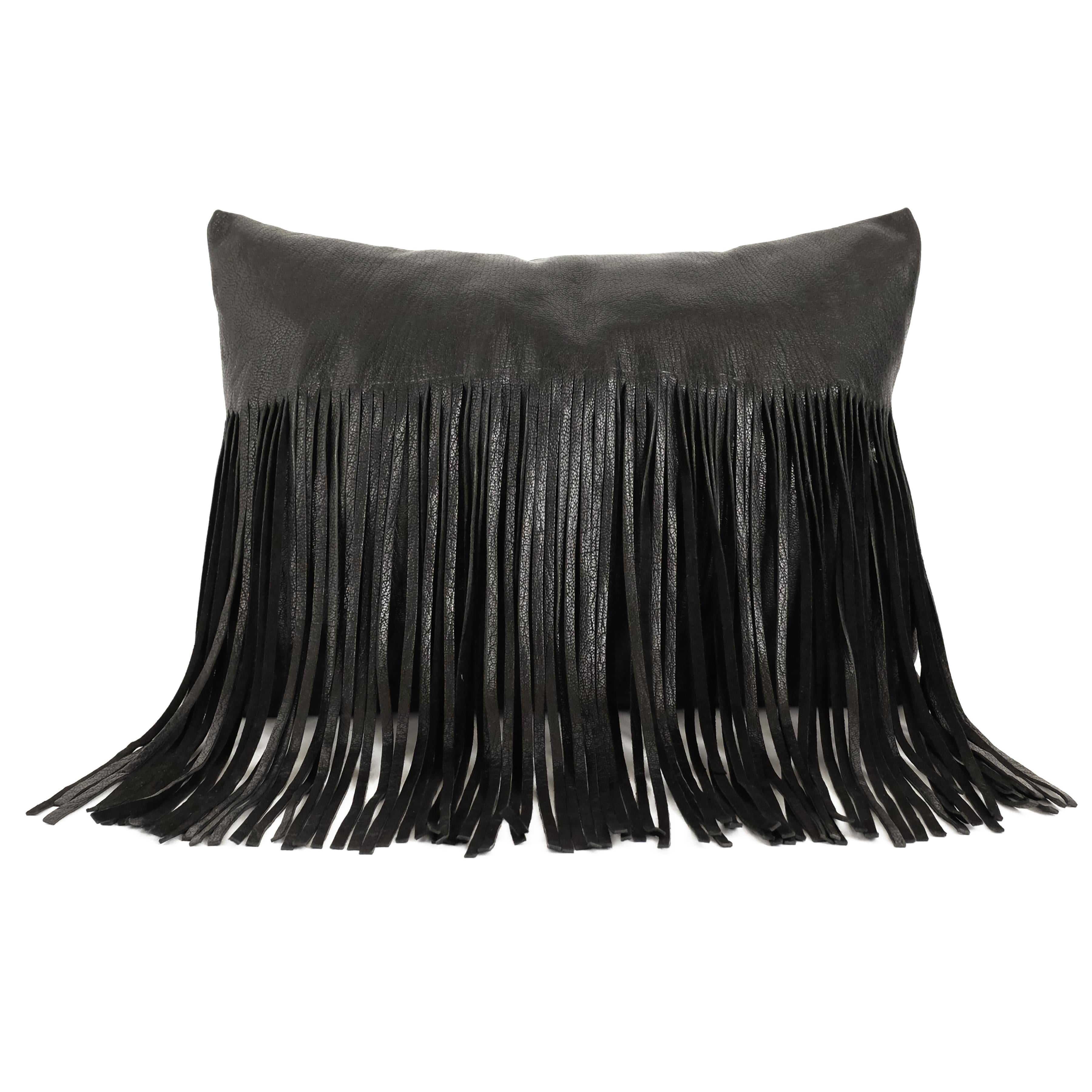 American Small Fringe Pillow in Latte Leather by Moses Nadel For Sale