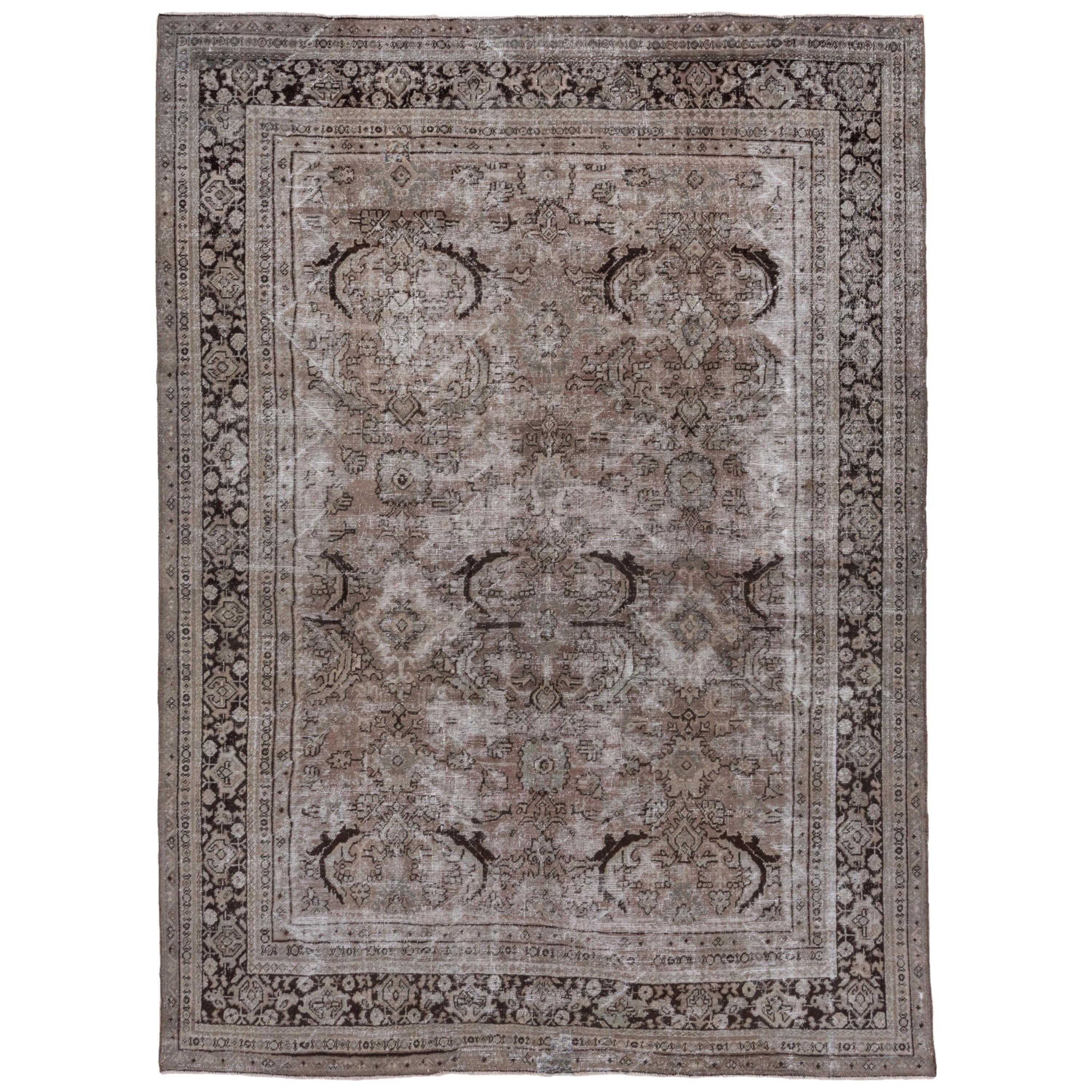 Taupe and Light Brown Geometric Mahal Rug, Neutral Tones, Lightly Distressed