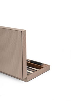 Taupe & Navy Blue Leather and Walnut Wood Backgammon Set Handcrafted in, Italy