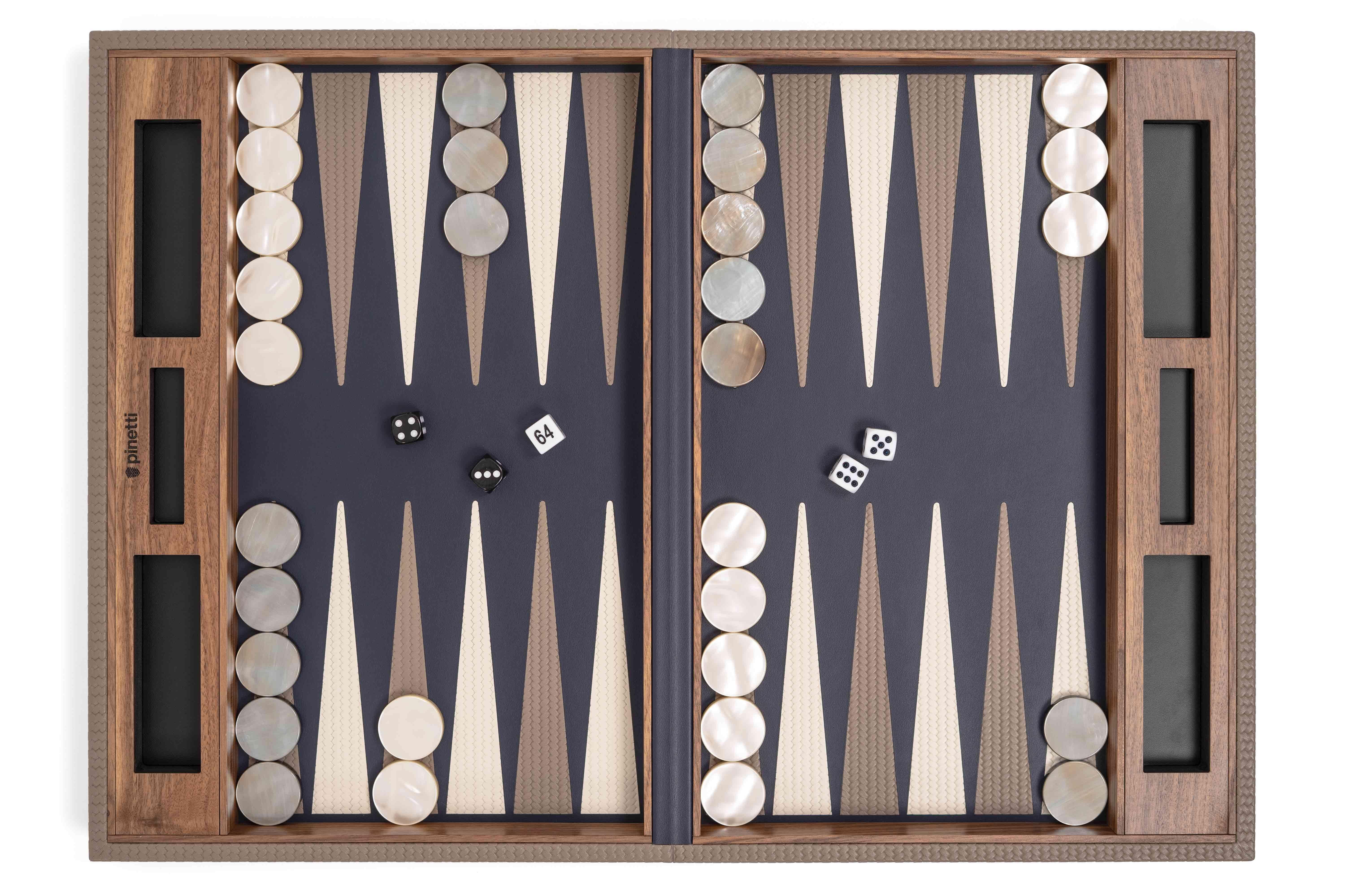 Hand-Crafted Taupe & Navy Blue Leather and Walnut Wood Backgammon Set Handcrafted in, Italy For Sale