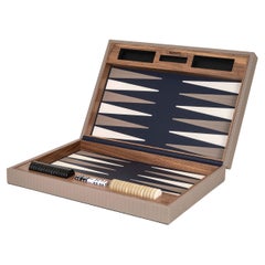 Backgammon-Set aus Leder und Nussbaumholz in Taupe & Marineblau Handgefertigt in Italien