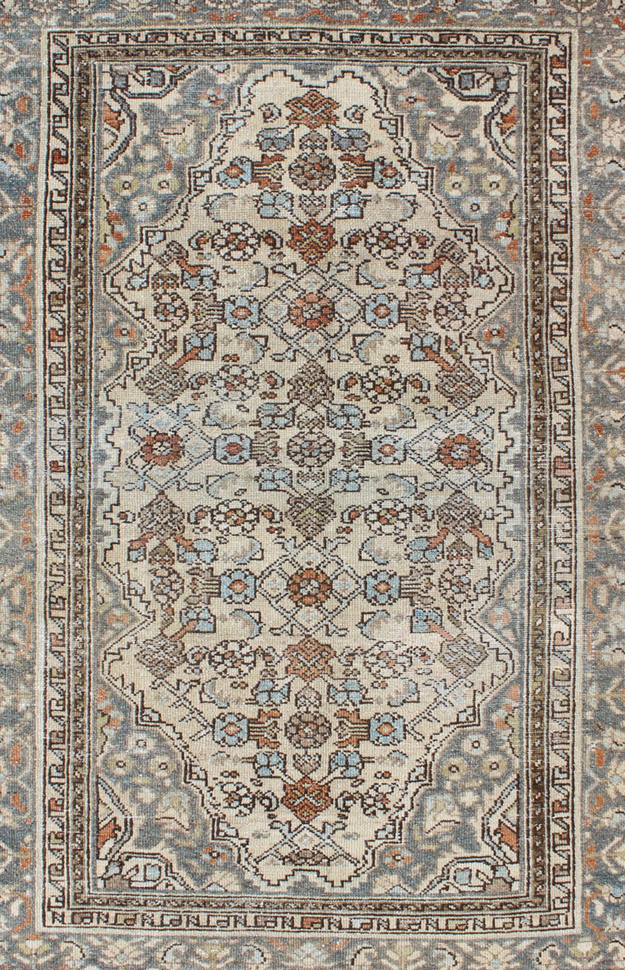 Hand-Knotted Gray/green, Taupe, Lt. Blue & Rust, brown Antique Persian distressed  Malayer  For Sale