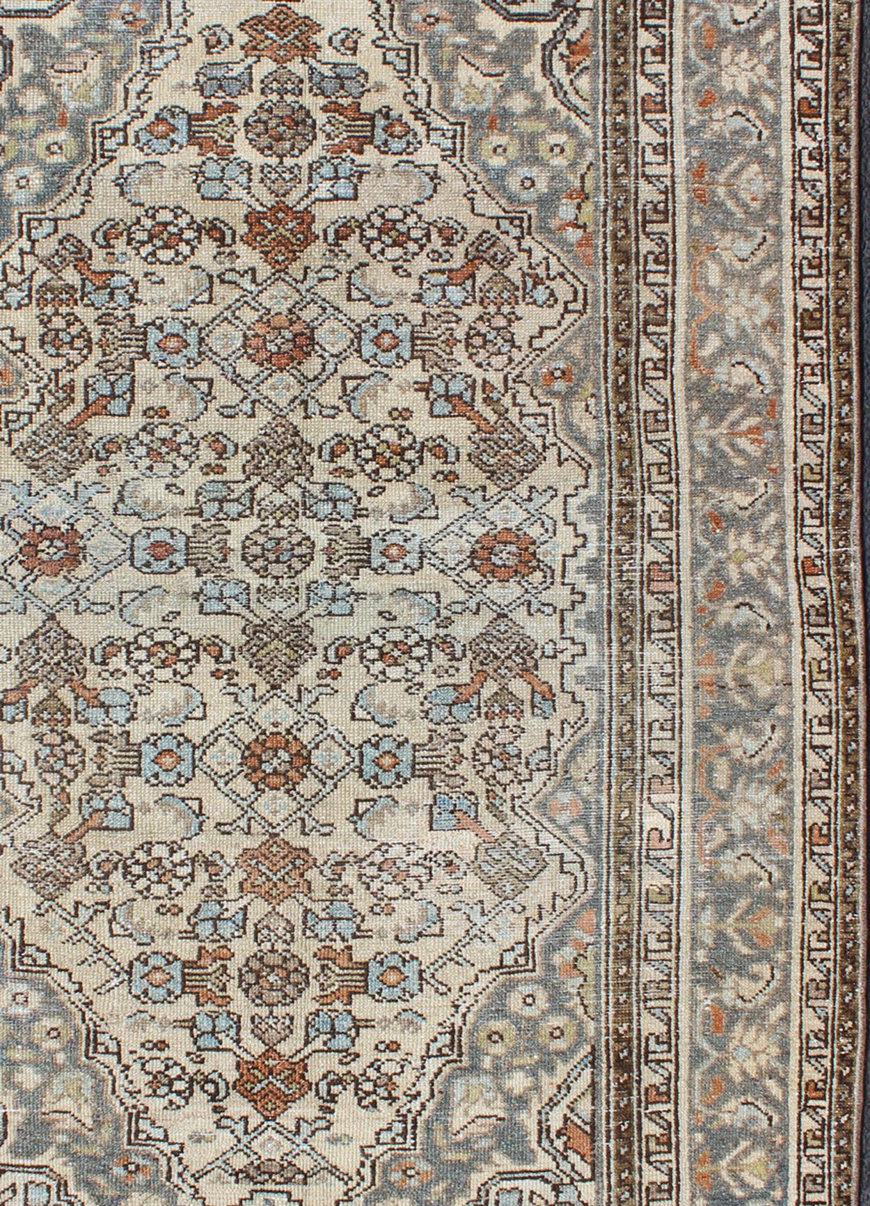 Gray/green, Taupe, Lt. Blue & Rust, brown Antique Persian distressed  Malayer  In Good Condition For Sale In Atlanta, GA