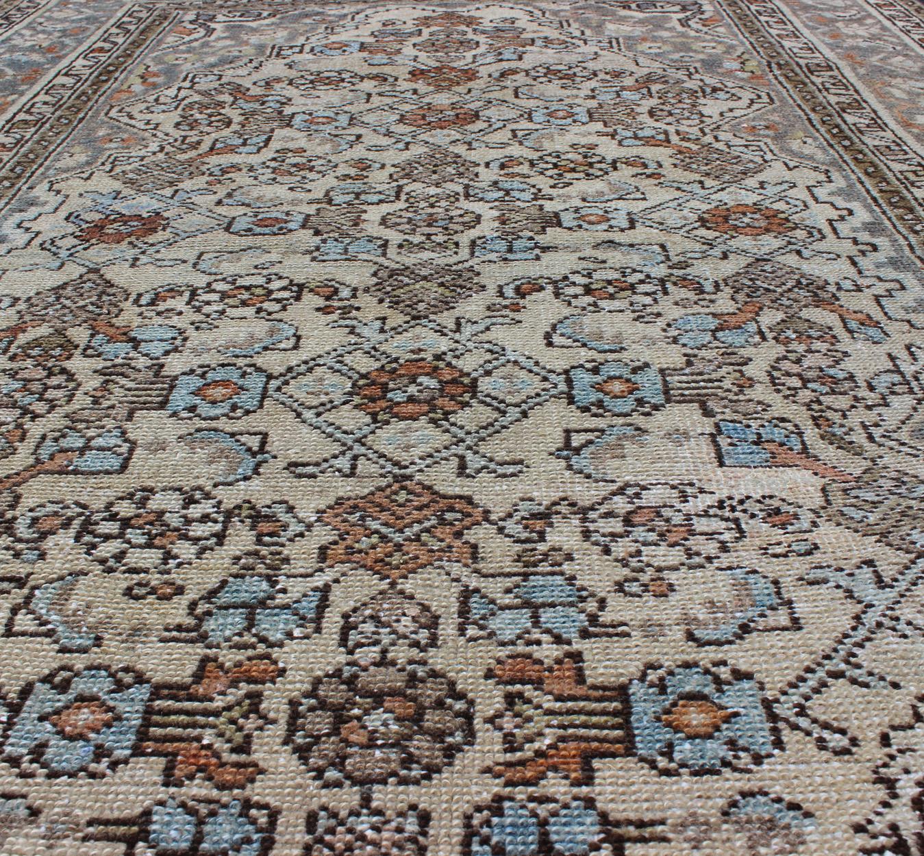 Wool Gray/green, Taupe, Lt. Blue & Rust, brown Antique Persian distressed  Malayer  For Sale