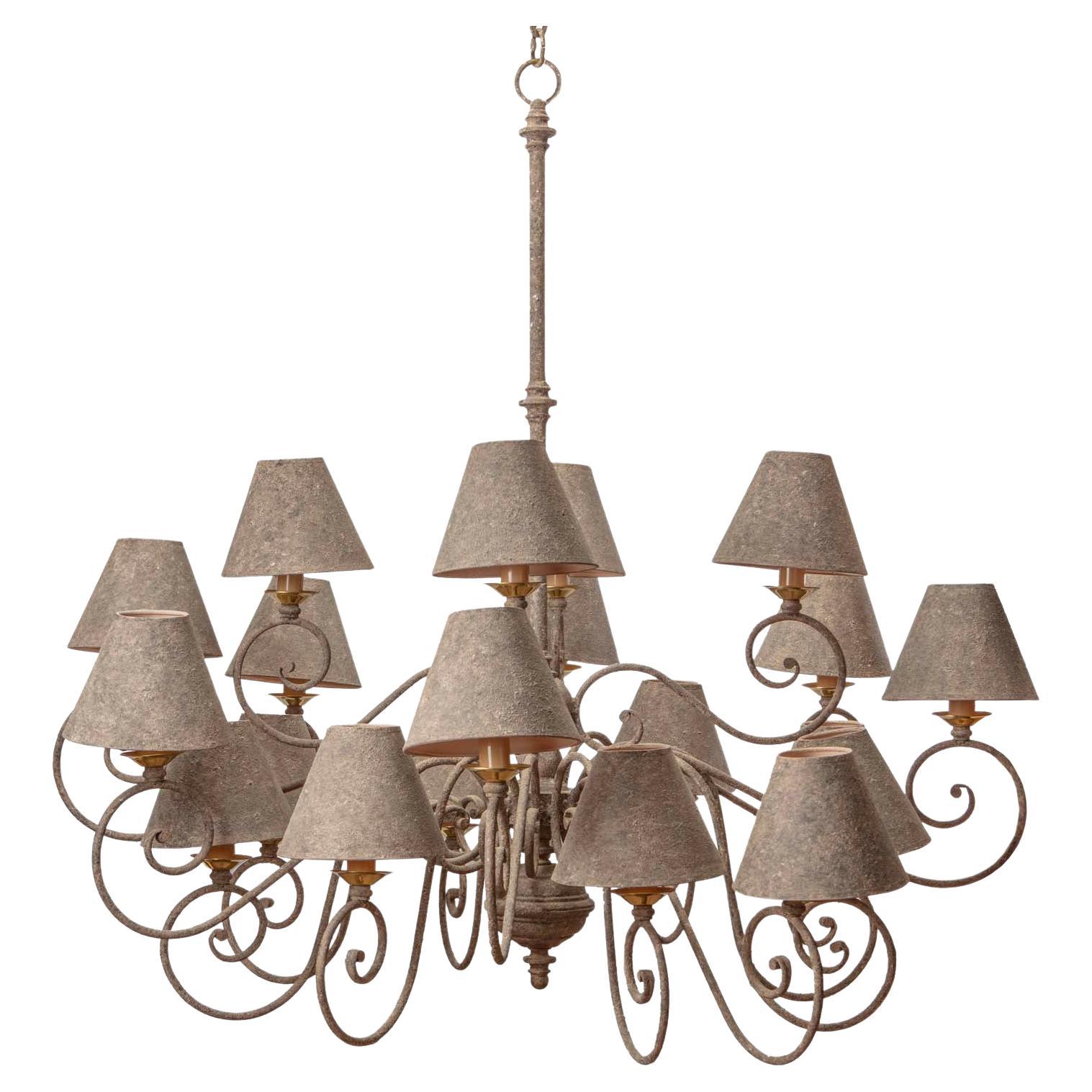 Taupe & Peach Hat Twenty Light Brass Chandelier For Sale