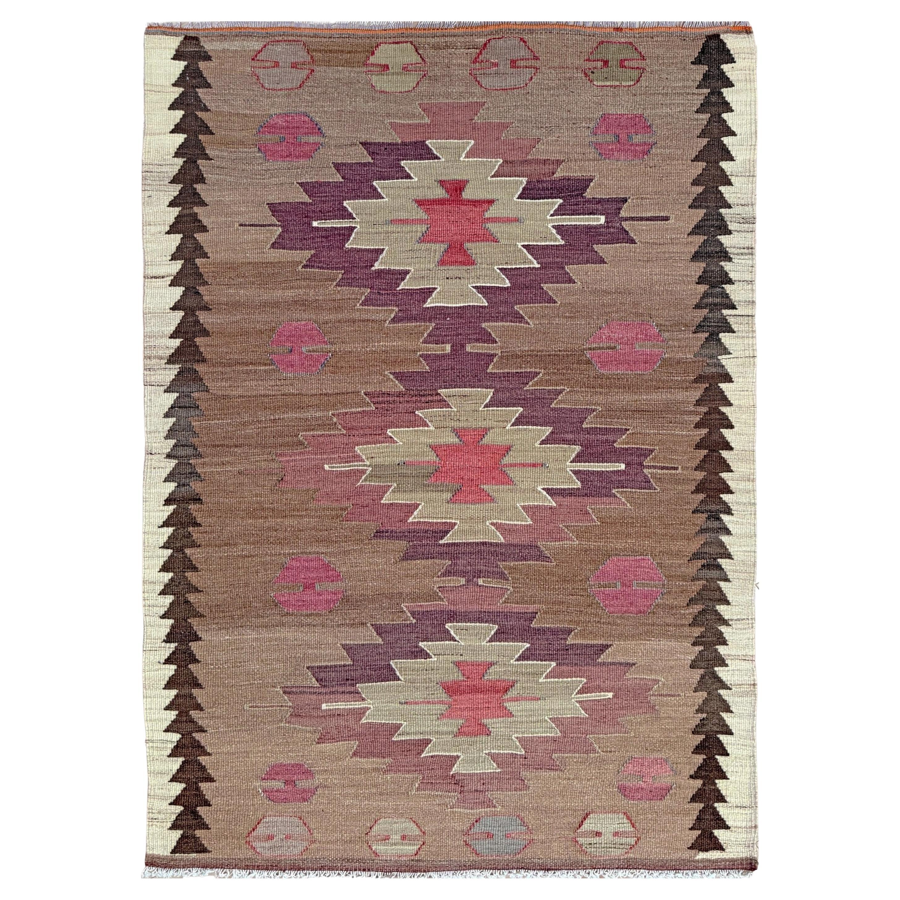 Kilim Mut Taupe e Plum - Tappeto tribale turco a trama piatta in stile Navajo (3
x5
)