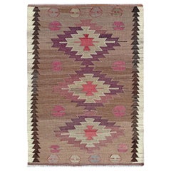 Kilim Mut Taupe e Plum - Tappeto tribale turco a trama piatta in stile Navajo (3
x5
)