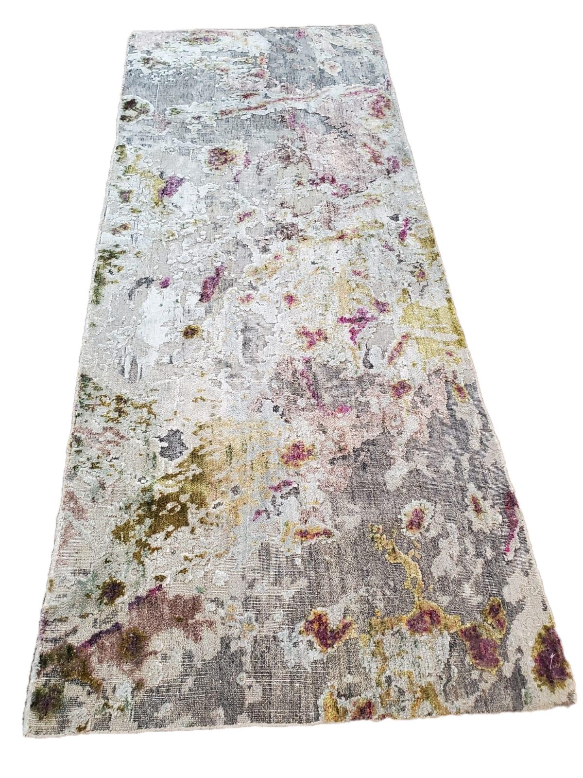 Tapis abstrait organique noué à la main en laine et soie, couleur taupe, rose et citron, en stock 12'x15'  en vente 1