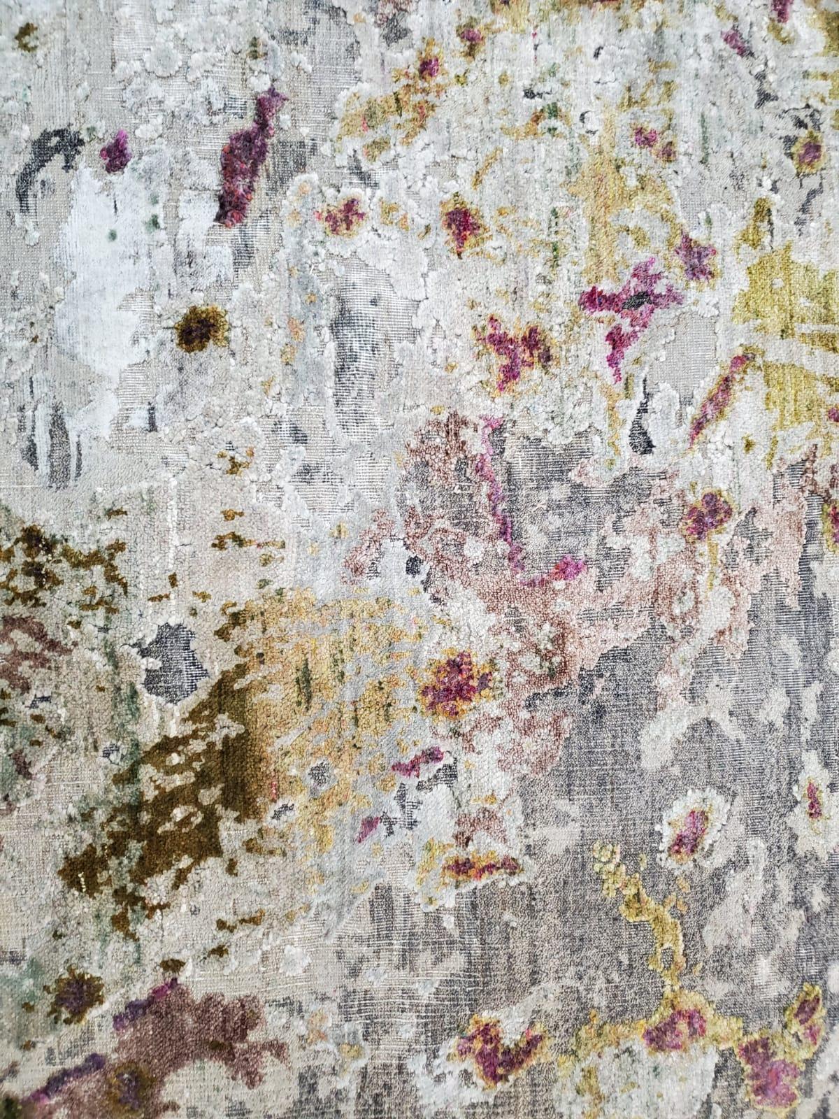 Tapis abstrait organique noué à la main en laine et soie, couleur taupe, rose et citron, en stock 12'x15'  en vente 3