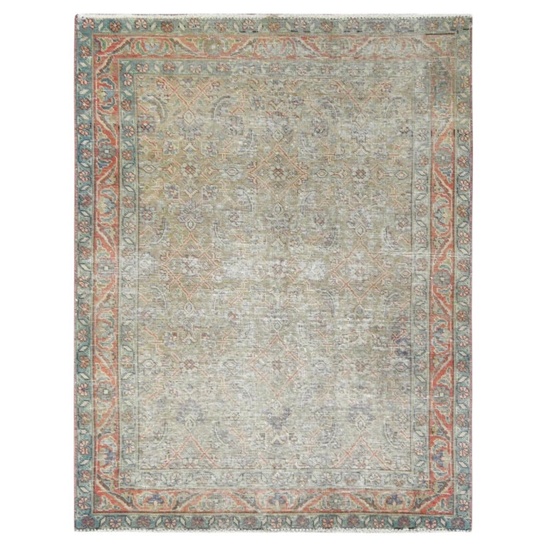 Taupe, Sheared Low, Pure Wool, Hand Knotted, Persian Tabriz Geometric ...
