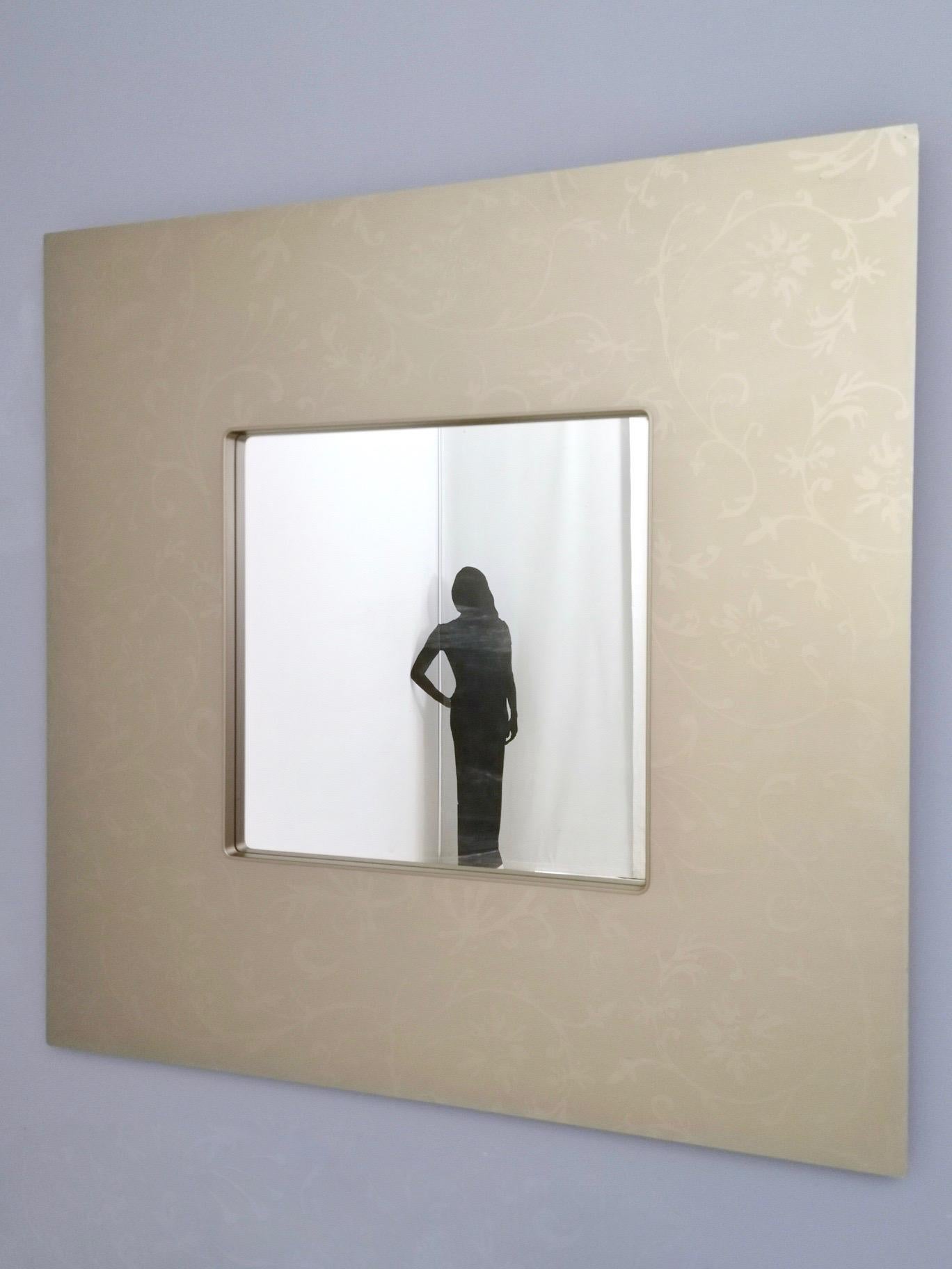 Post-Modern Postmodern Square Wall Mirror with Floral Motifs on Taupe Frame, Italy, 1980s For Sale