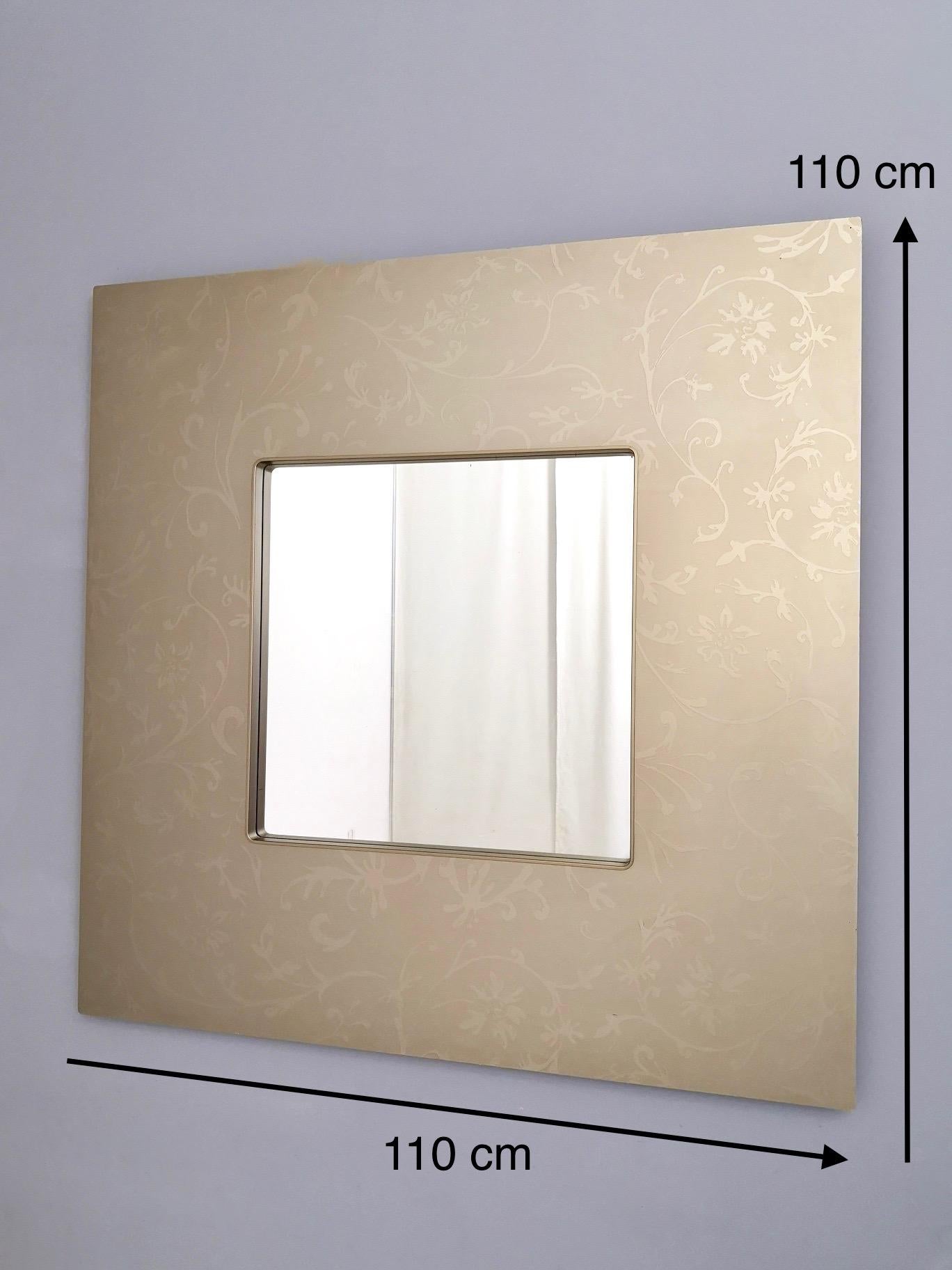Postmodern Square Wall Mirror with Floral Motifs on Beige Metal Frame, Italy For Sale 3