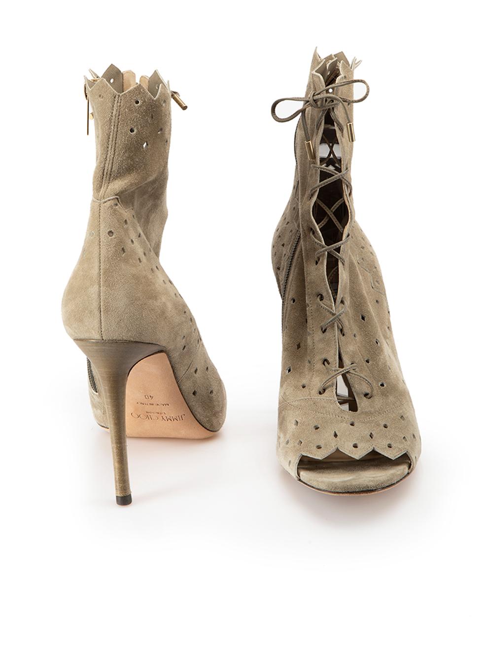 Taupe Suede Dei Laser Cut Open-Toe Booties Size IT 40 In Good Condition For Sale In London, GB