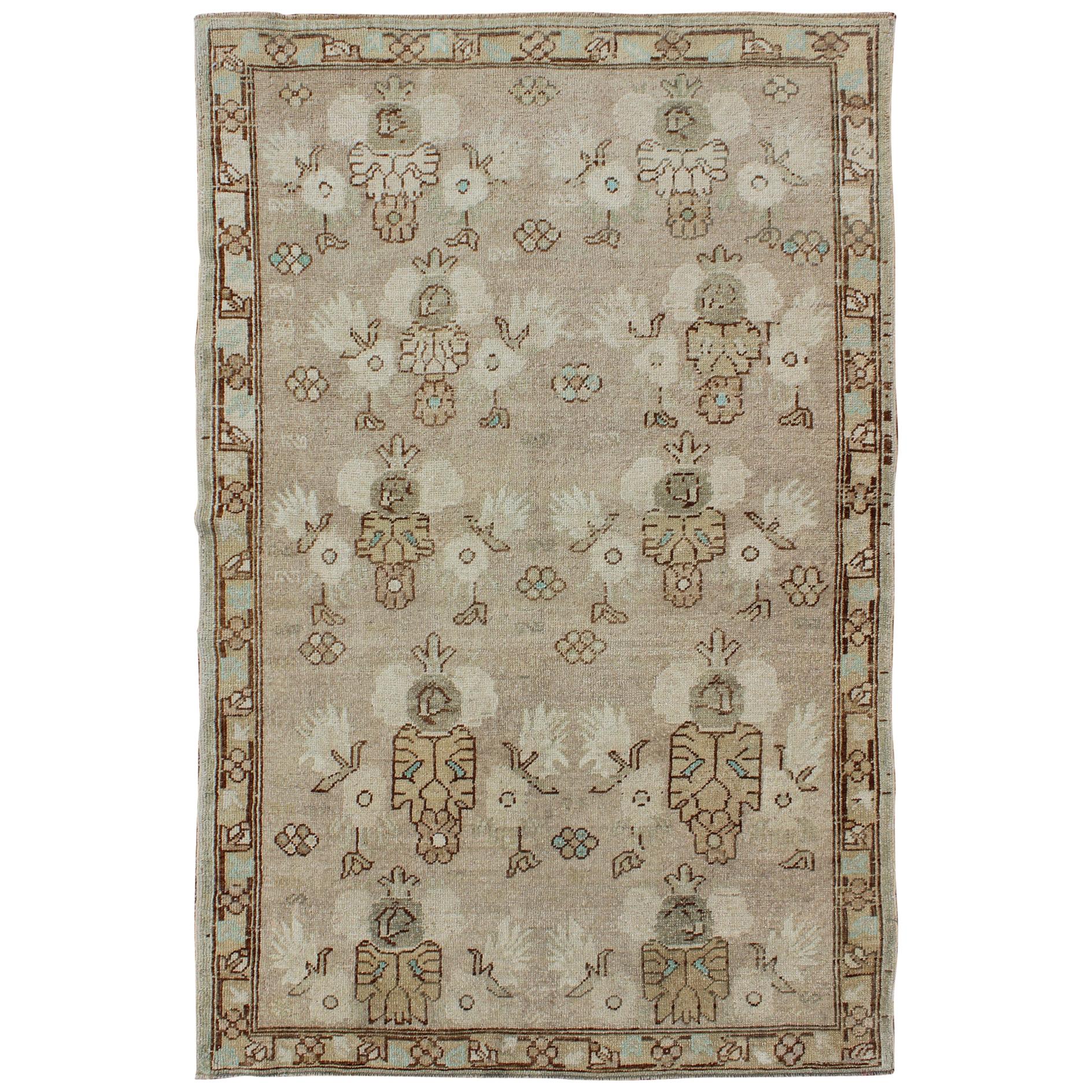 Taupe, Tan and Brown Medallion Vintage Turkish Oushak with Hints of Pale Green For Sale